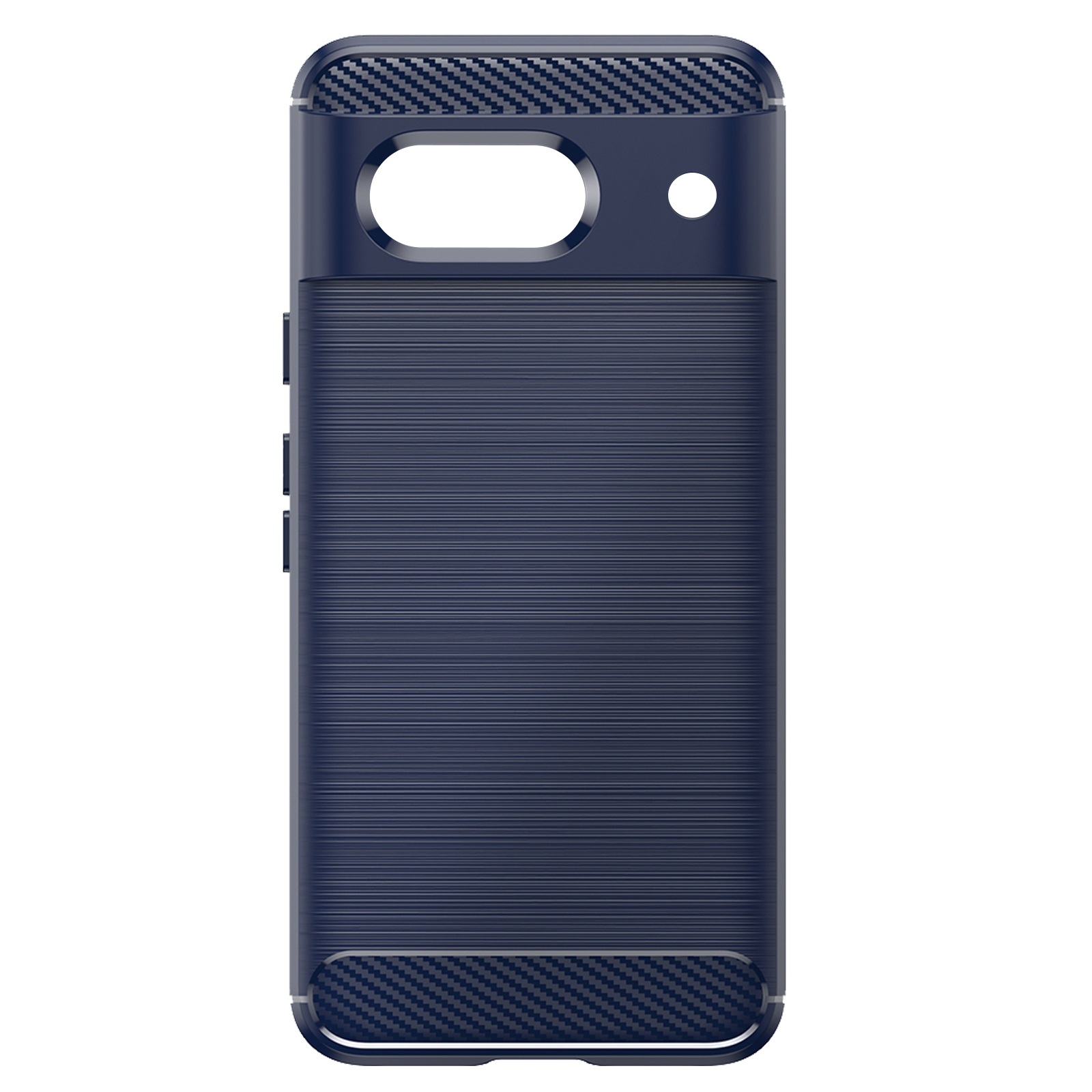 Una custodia per telefono blu navy con trama in fibra di carbonio sopra e sotto.