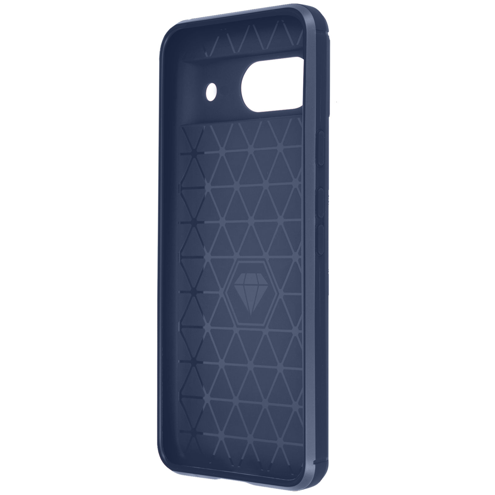 Interno di una custodia per telefono blu scuro, con un design strutturato e un logo a forma di diamante.