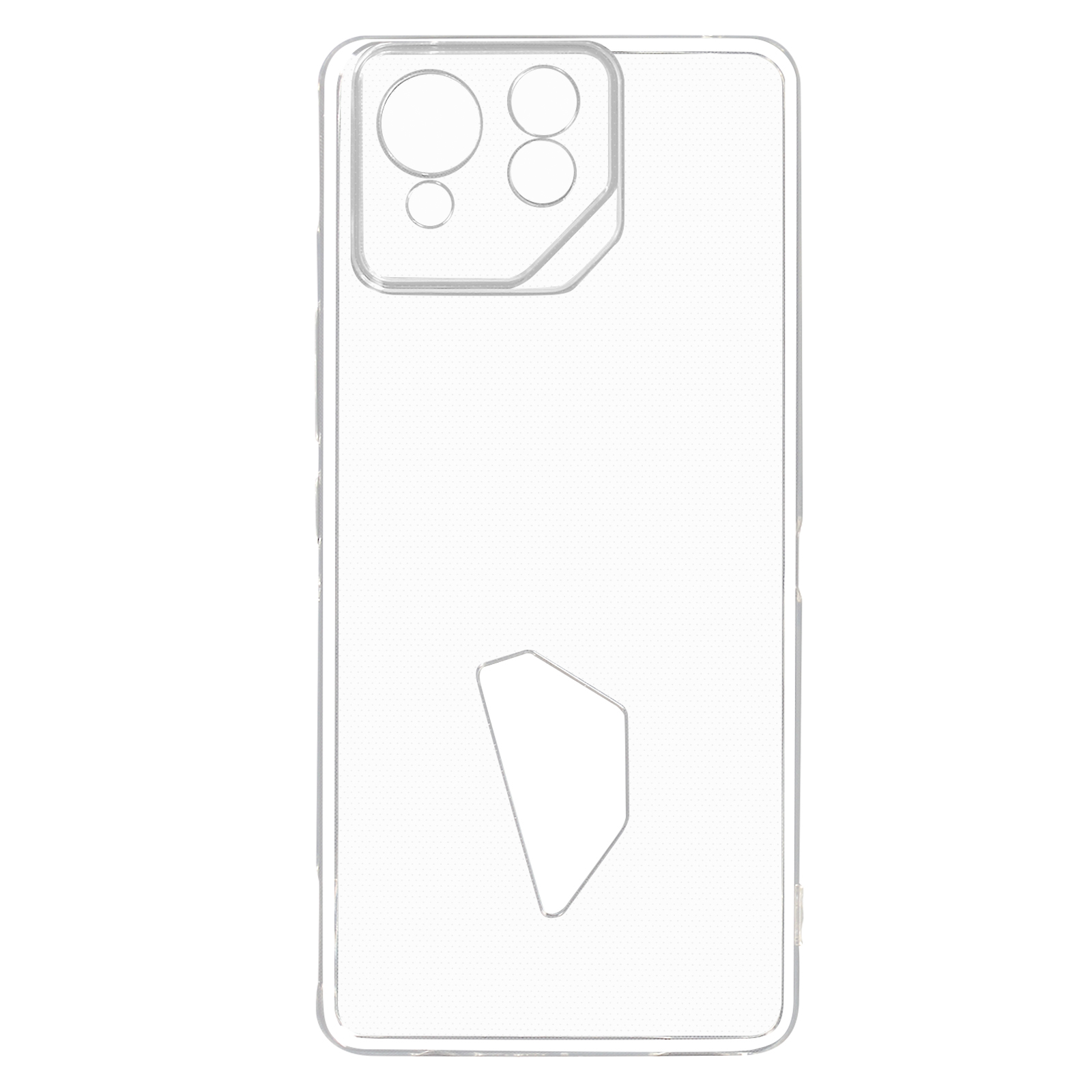 Custodia trasparente per telefono con ritagli per fotocamera, che mostra il contorno del telefono. Sfondo bianco.