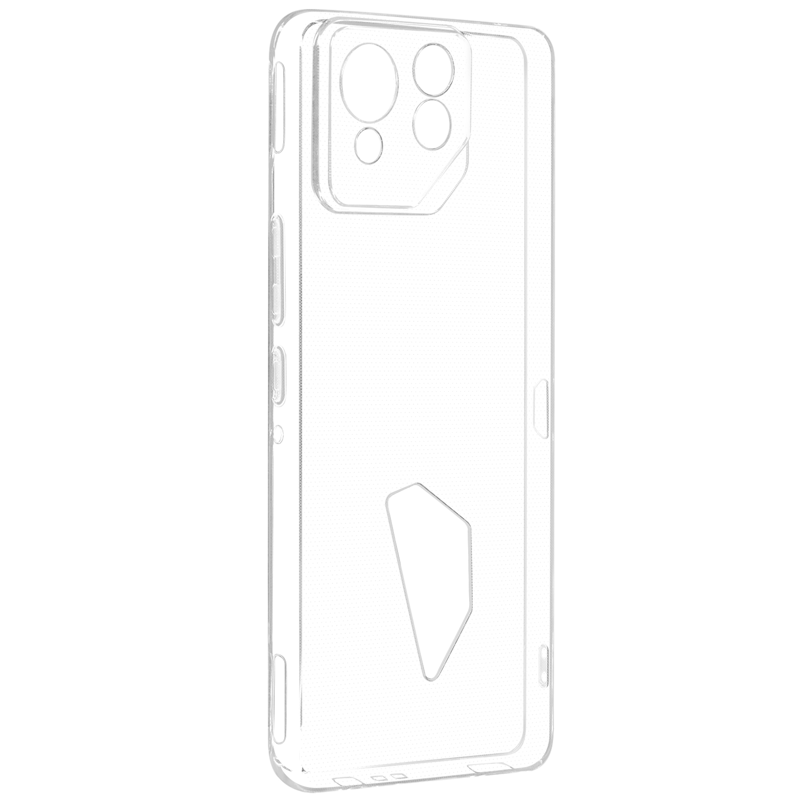 Custodia trasparente per telefono in plastica con un design geometrico. Vuota e trasparente.