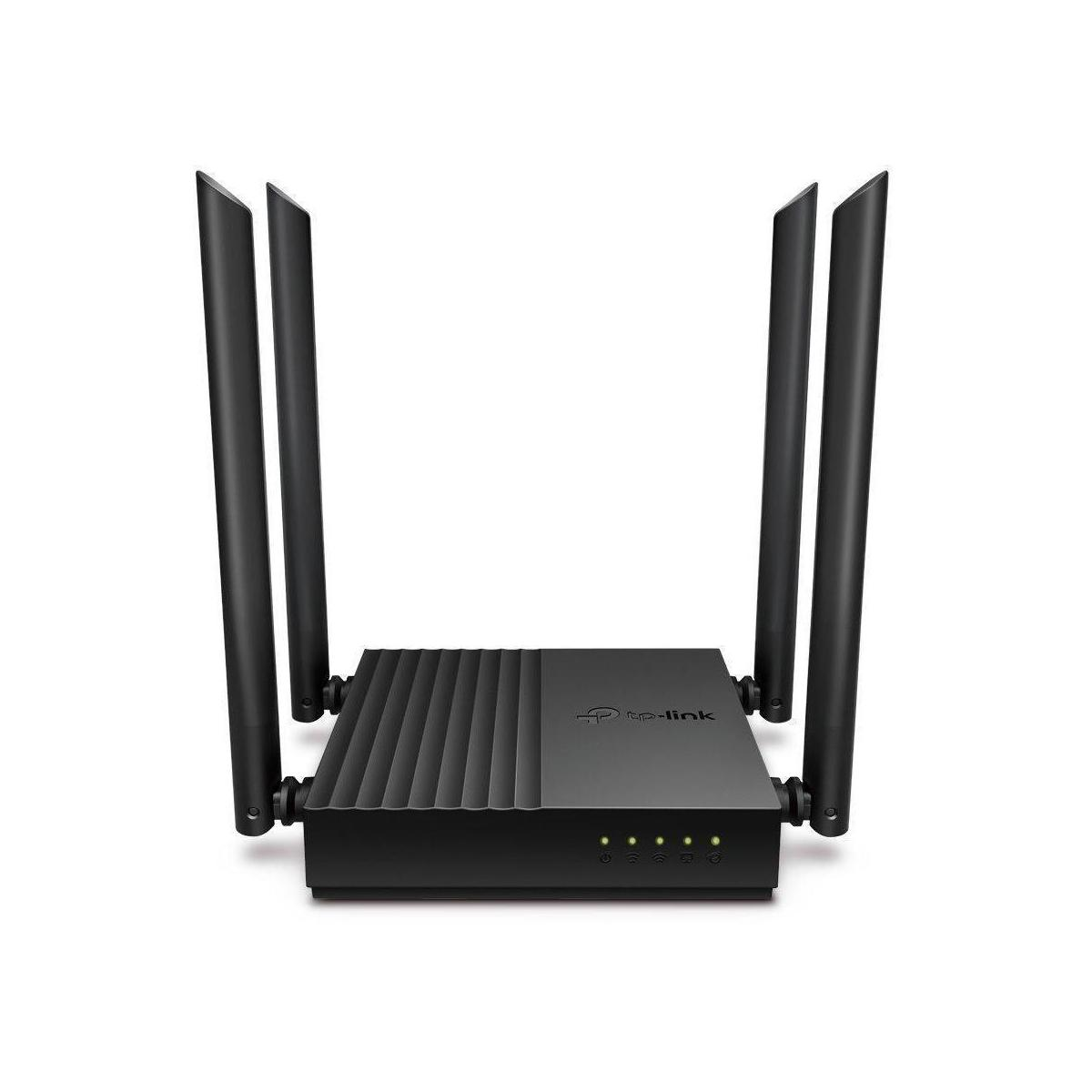 Schwarzer TP-Link Router mit vier Antennen und mehreren Kontrollleuchten.