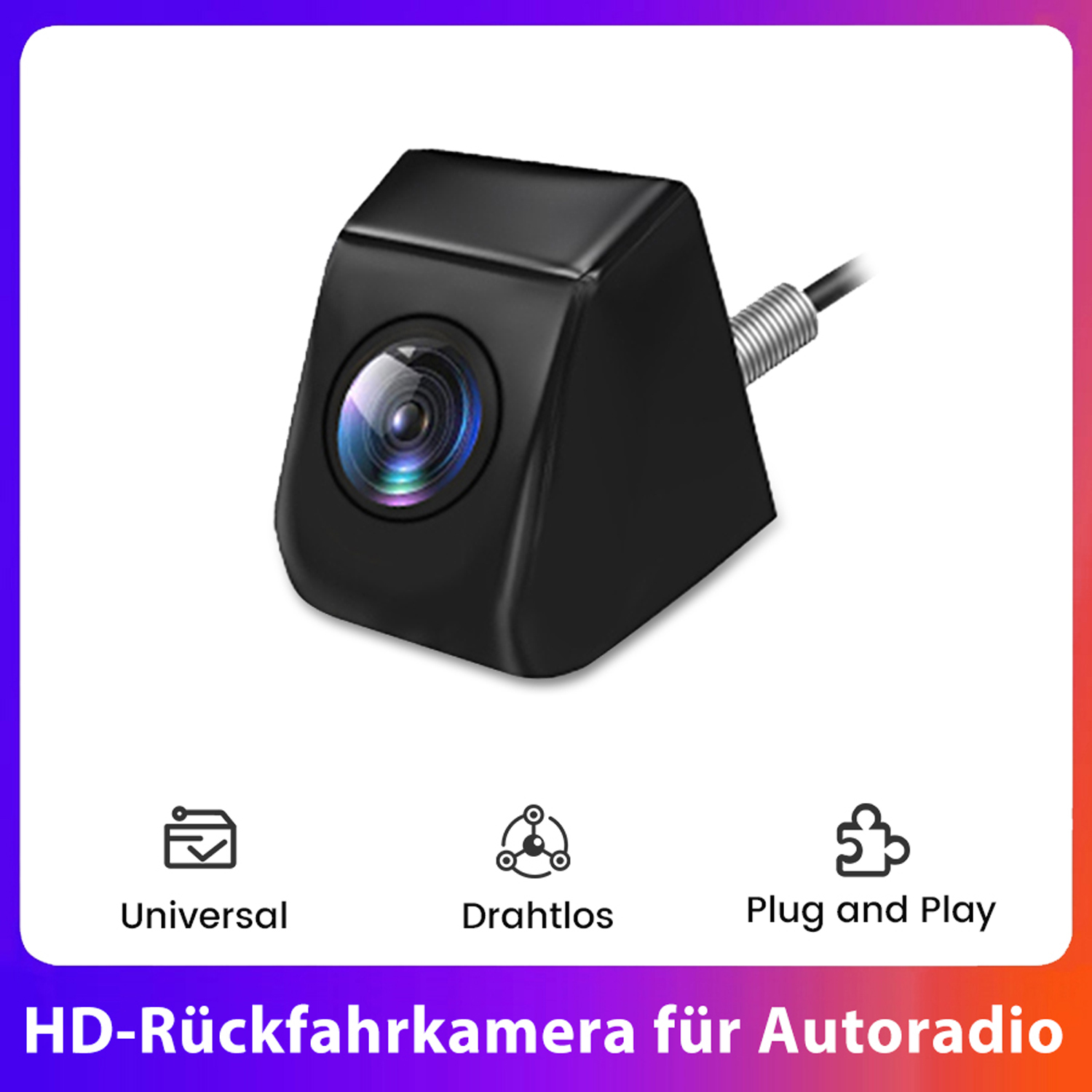 Schwarze Rückfahrkamera mit drei Symbolen: Universal, drahtlos, Plug & Play.