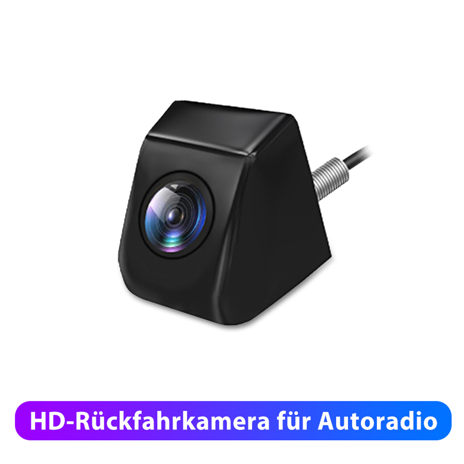 Schwarze Auto-Kamera mit Linse, schwarzem Gehäuse und silbernem Kabel.