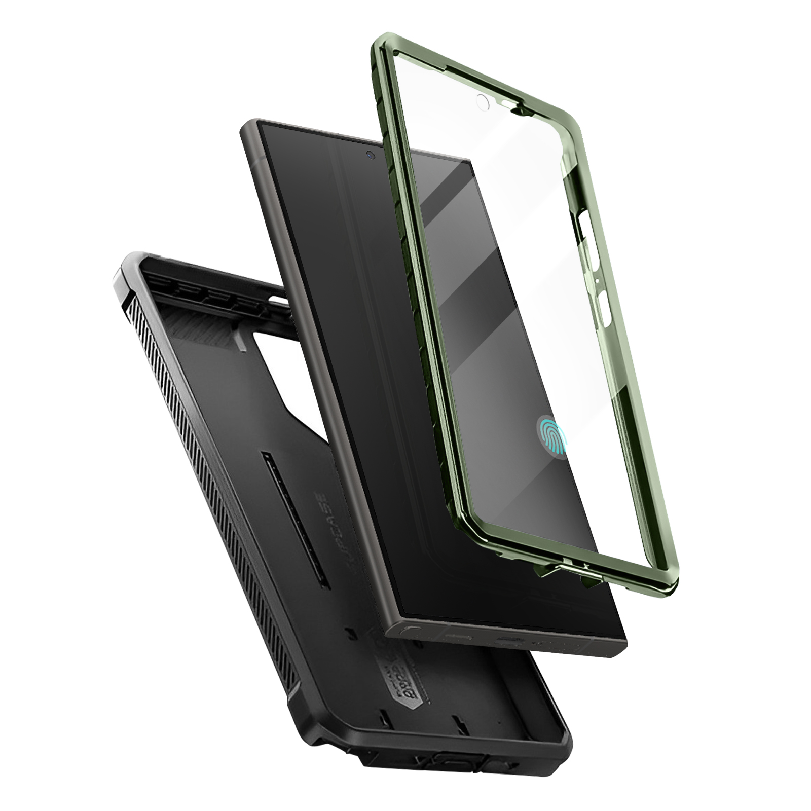 Eine Handyhülle mit drei Schichten. Die Schichten sind schwarz, olivgrün und transparent. Die Marke Supcase ist sichtbar.