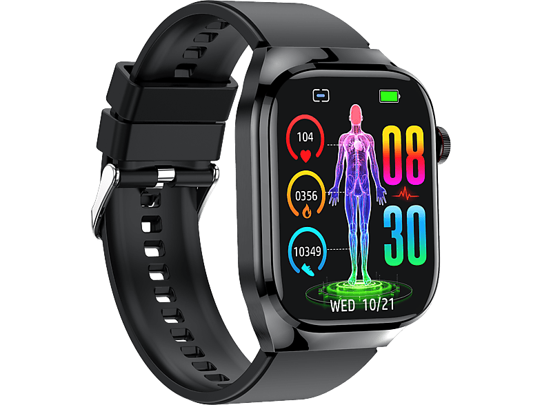 INF Smartwatch mit EKG, Herzfrequenz, Blutdruck, Schla Smartwatch Glas, Metall Silikon, Schwarz