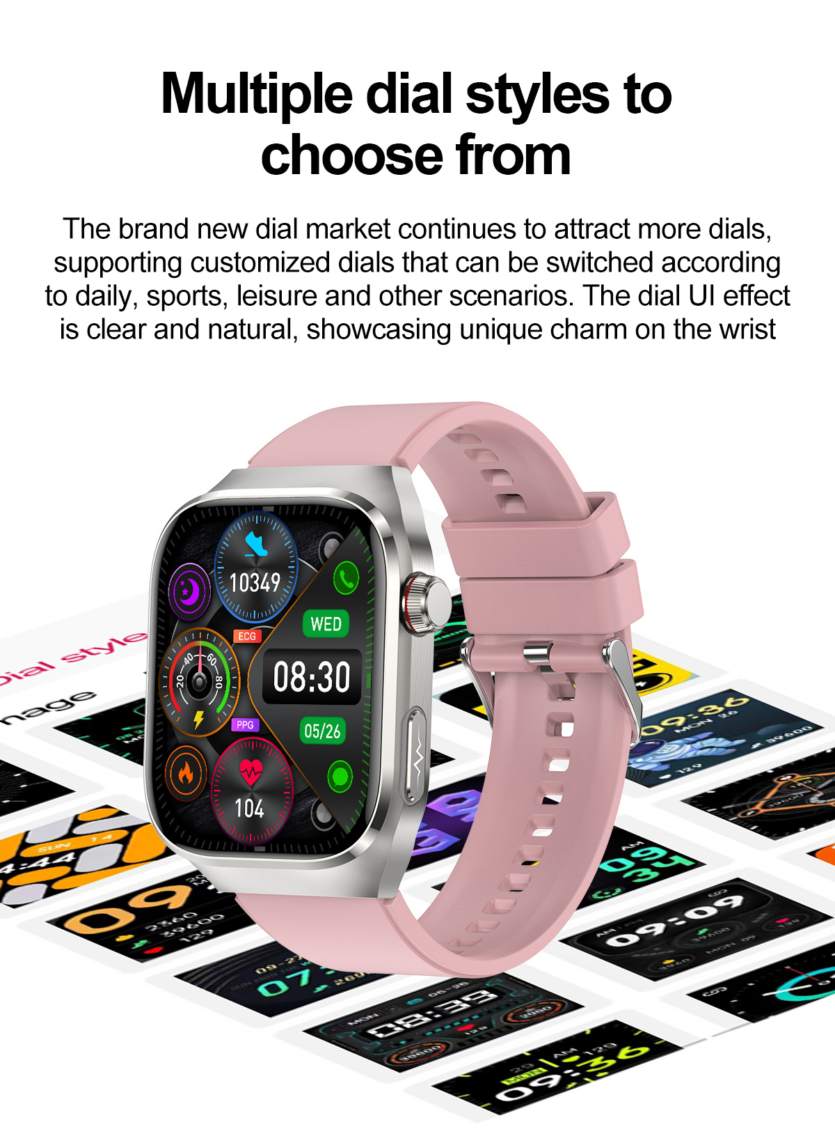 Smartwatch z różowym paskiem wyświetlający wiele stylów tarcz. Zegarek pokazuje czas i wskaźniki zdrowia.