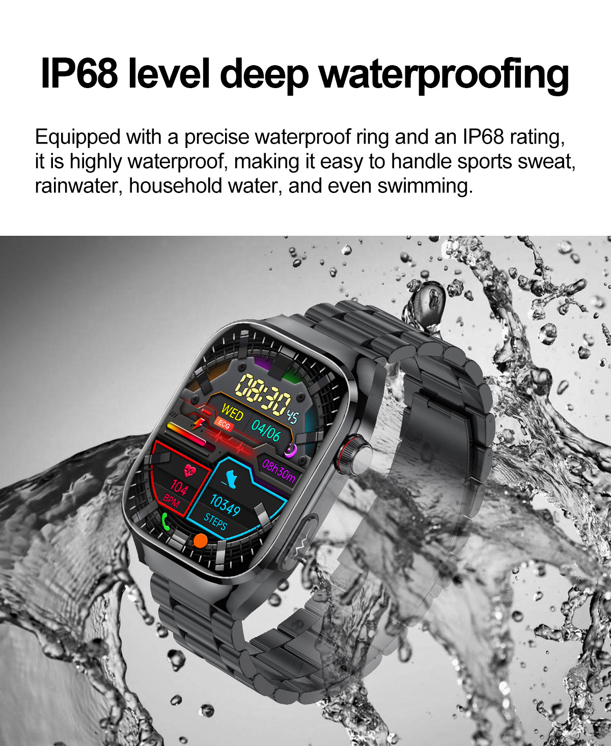 Czarny smartwatch pokazujący czas, datę i wskaźniki zdrowia. Krople wody wokół zegarka.