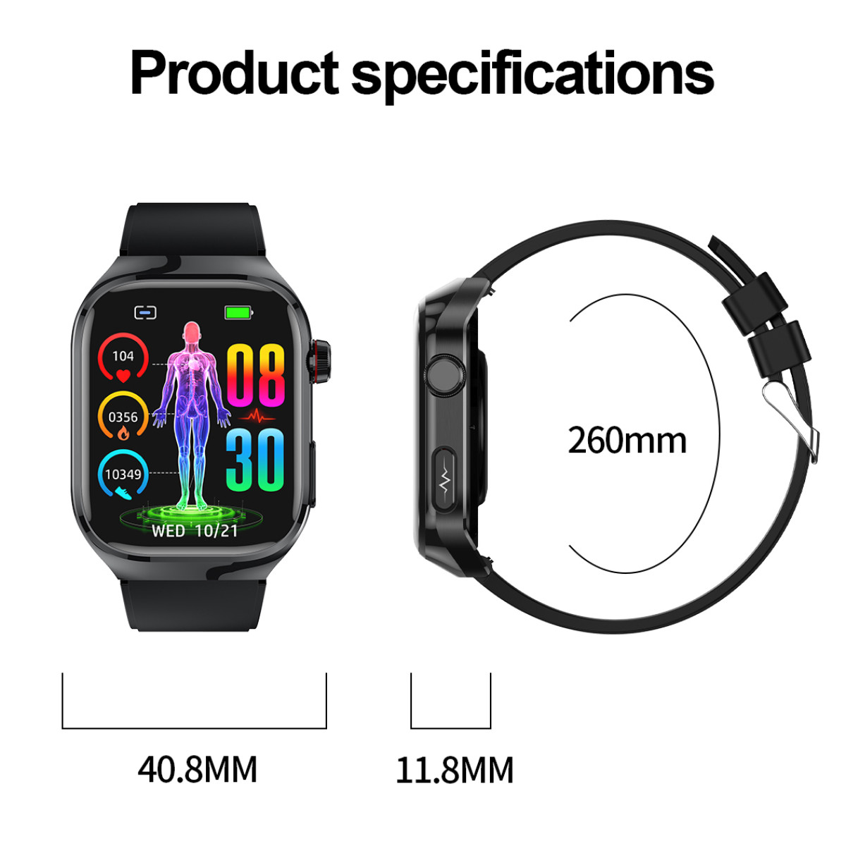 Dwa widoki smartwatcha, czarnego z czarnym paskiem, pokazujące tarczę zegarka i profil boczny z wymiarami.