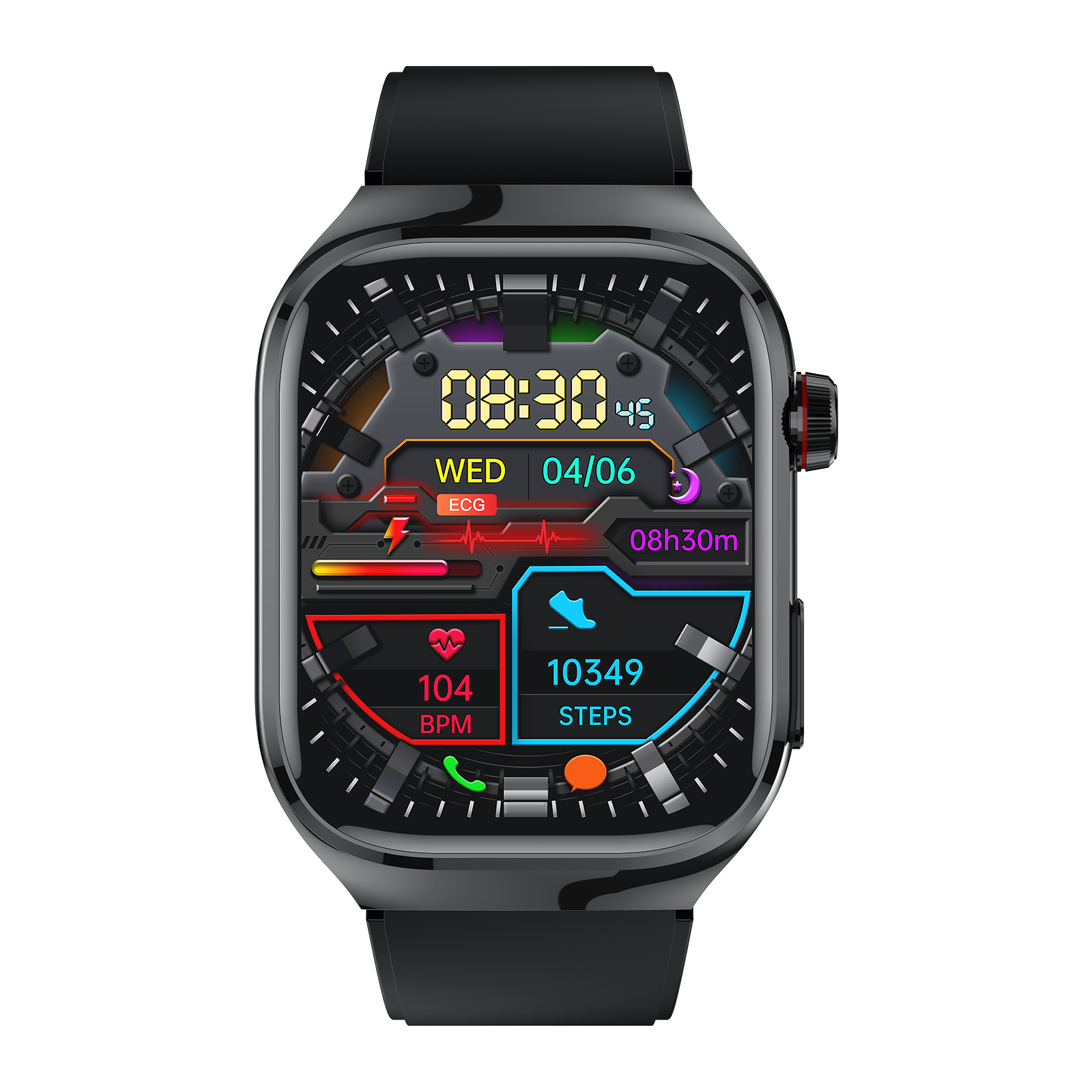 Smartwatch mit Anzeige von Zeit, Datum, Herzfrequenz und Schritten. Schwarzes Armband.