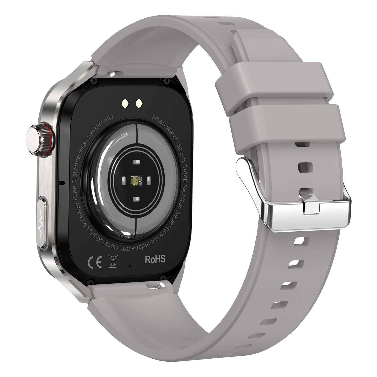 Rückansicht einer grauen Smartwatch mit grauem Armband, die Sensoren und Details zeigt.