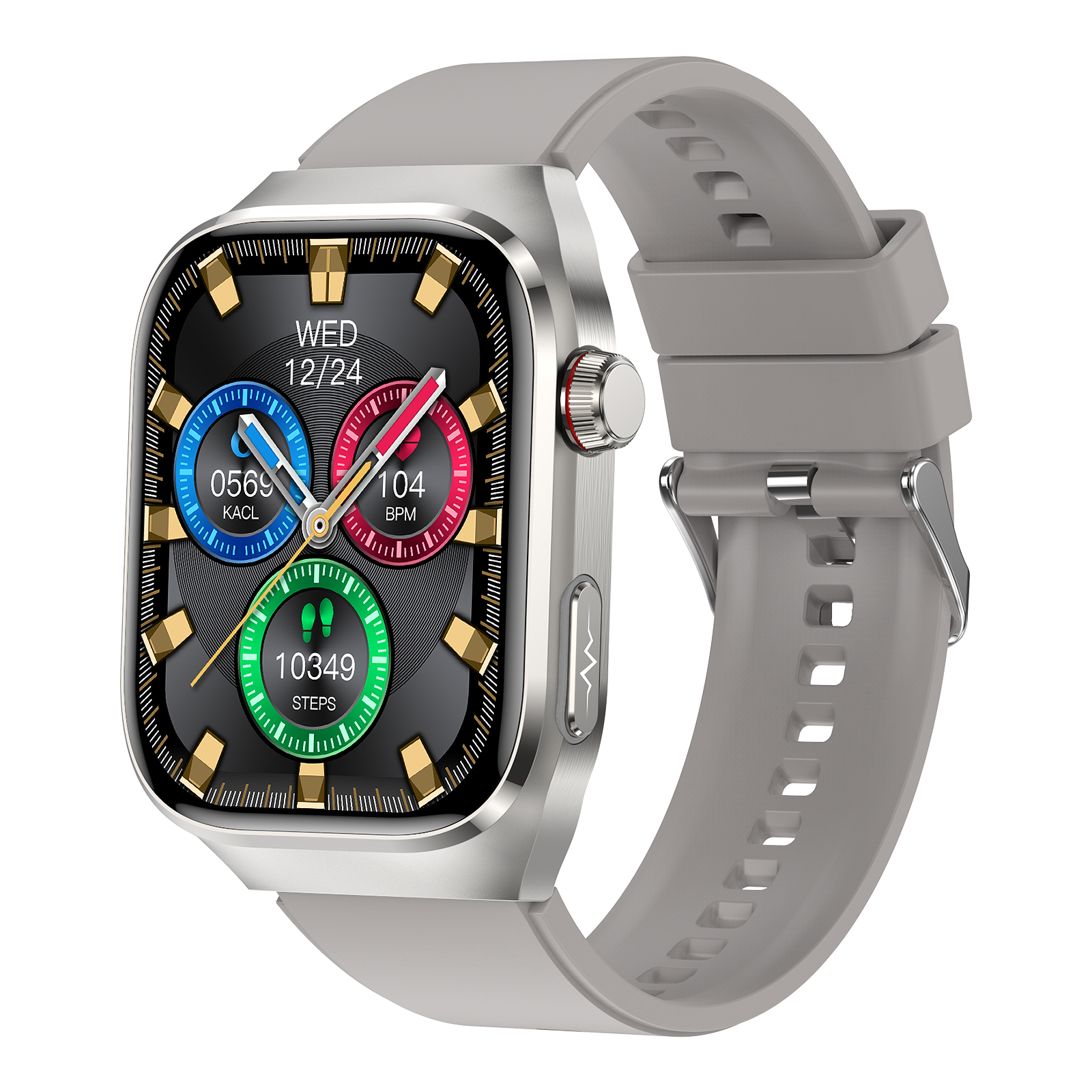 Silberne Smartwatch mit grauem Armband, zeigt Zeit, Schritte und Herzfrequenz.