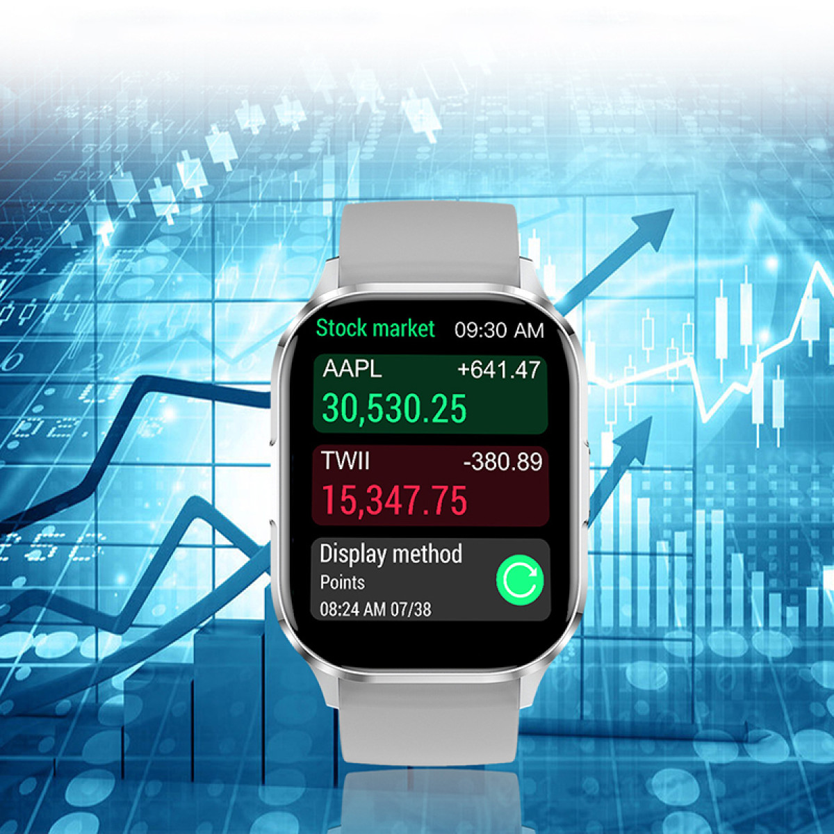 Smartwatch wyświetlający dane giełdowe.