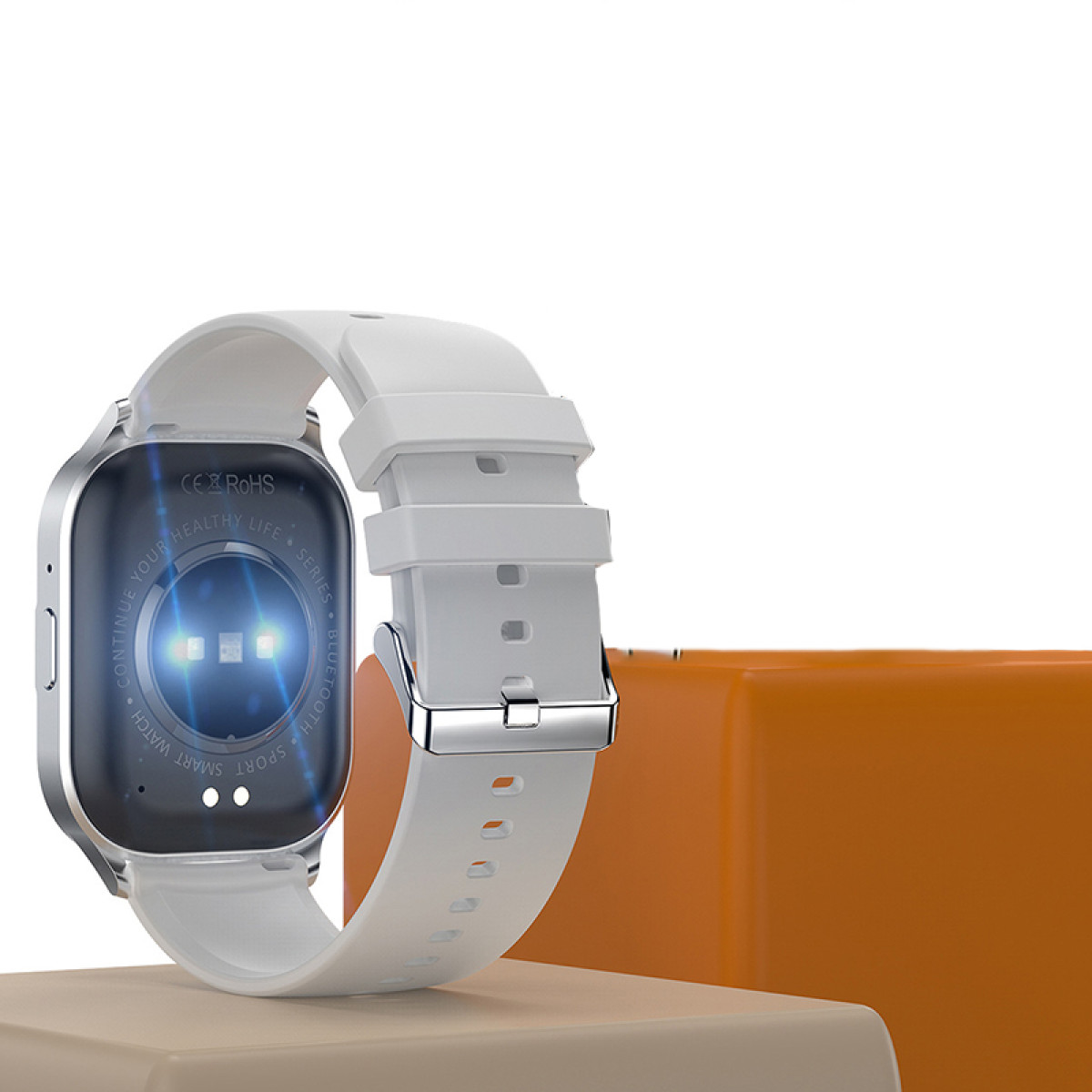 Biały smartwatch z białym paskiem.