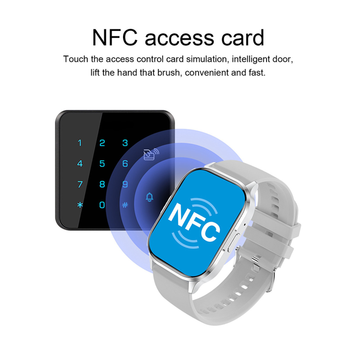 Smartwatch z ekranem NFC i klawiaturą obok.
