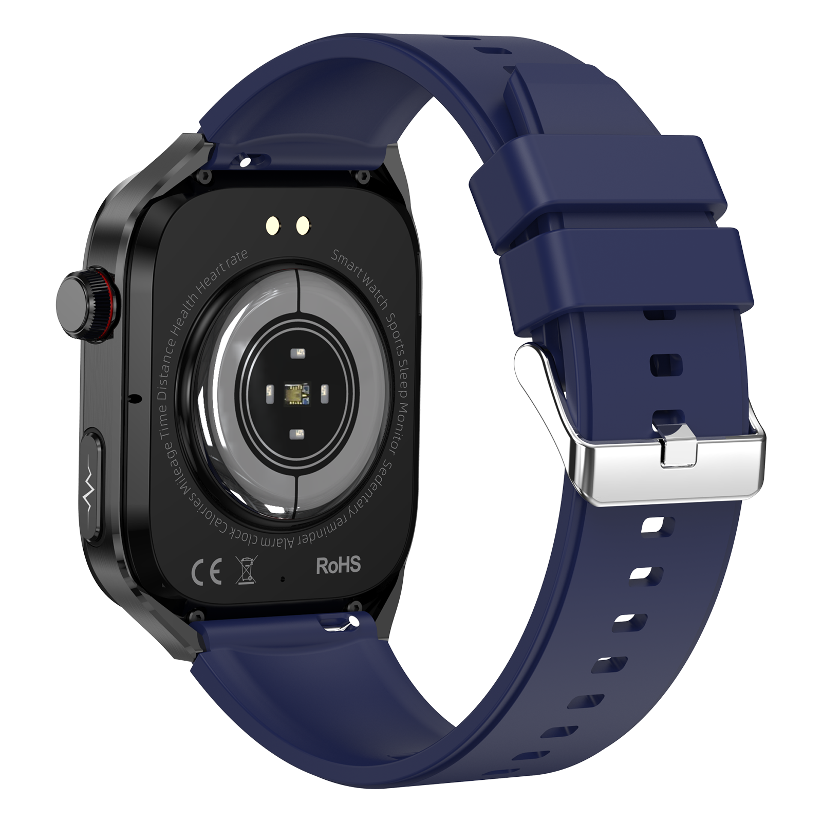 Zbliżenie niebieskiego smartwatcha, pokazujące tył z tekstem, na ciemnym tle.