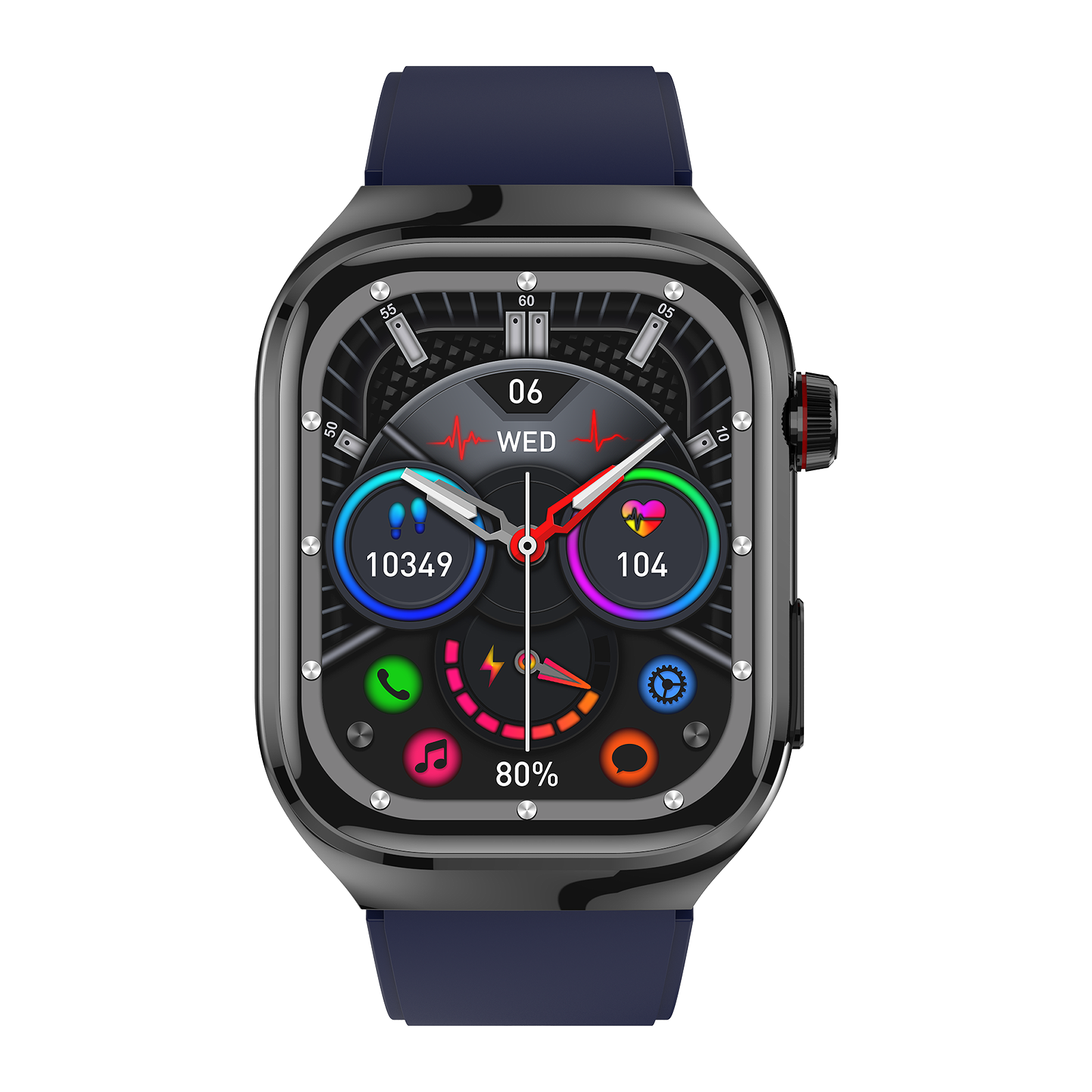 Smartwatch na czarnym tle, wyświetlający godzinę, tętno i inne dane.