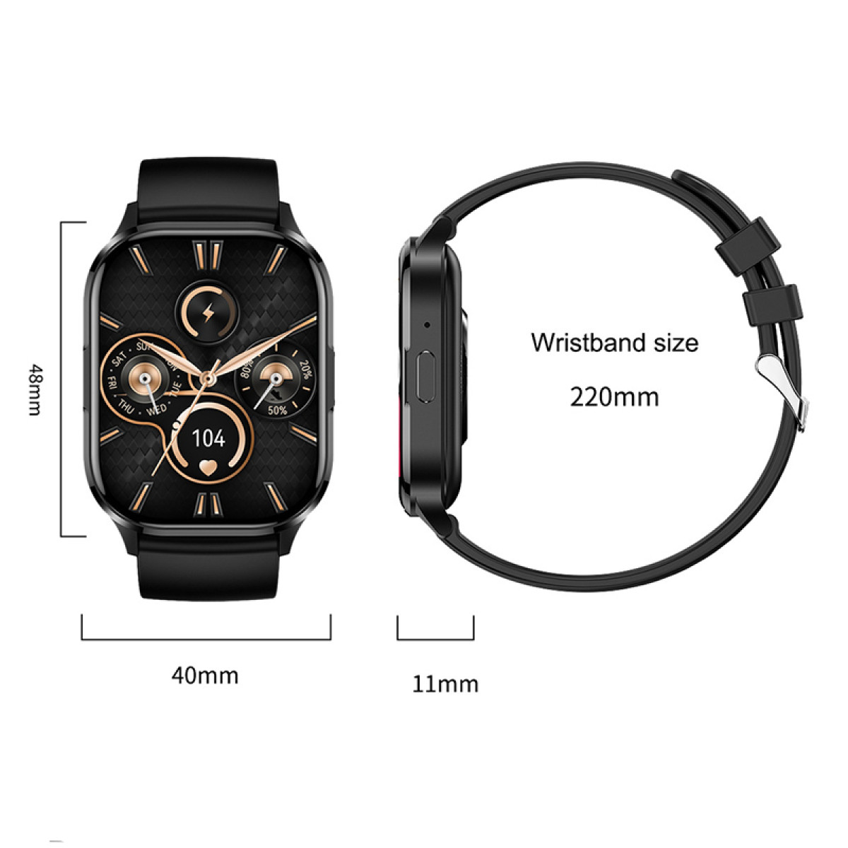 Black smartwatch showing dimensions, with a black strap and a black background.