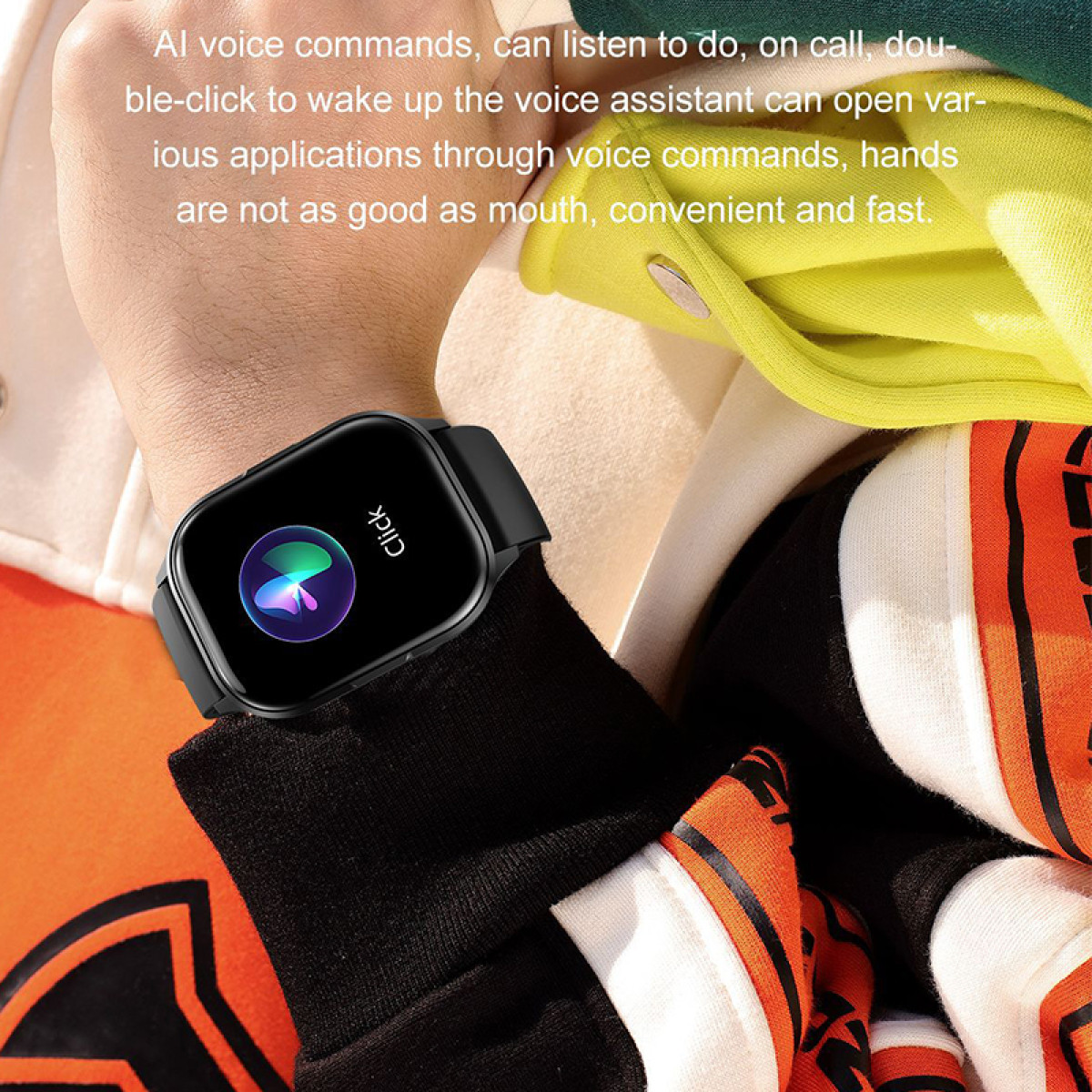 Wristwatch with screen displaying an icon and text, worn on a wrist.
