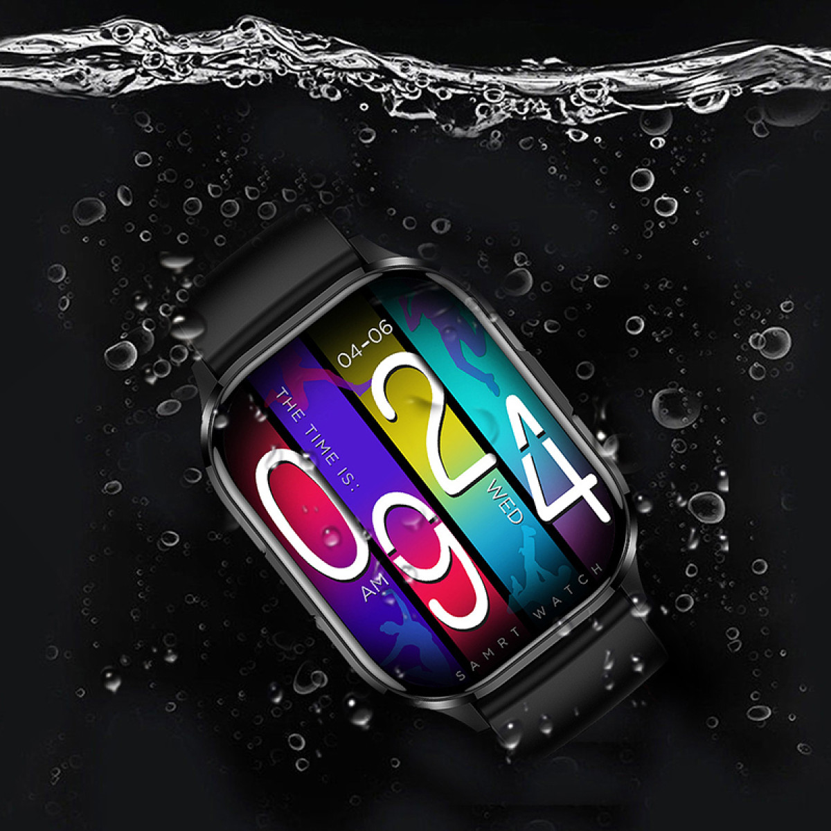 Black smartwatch with colorful display showing the time. Water droplets around. Black background.