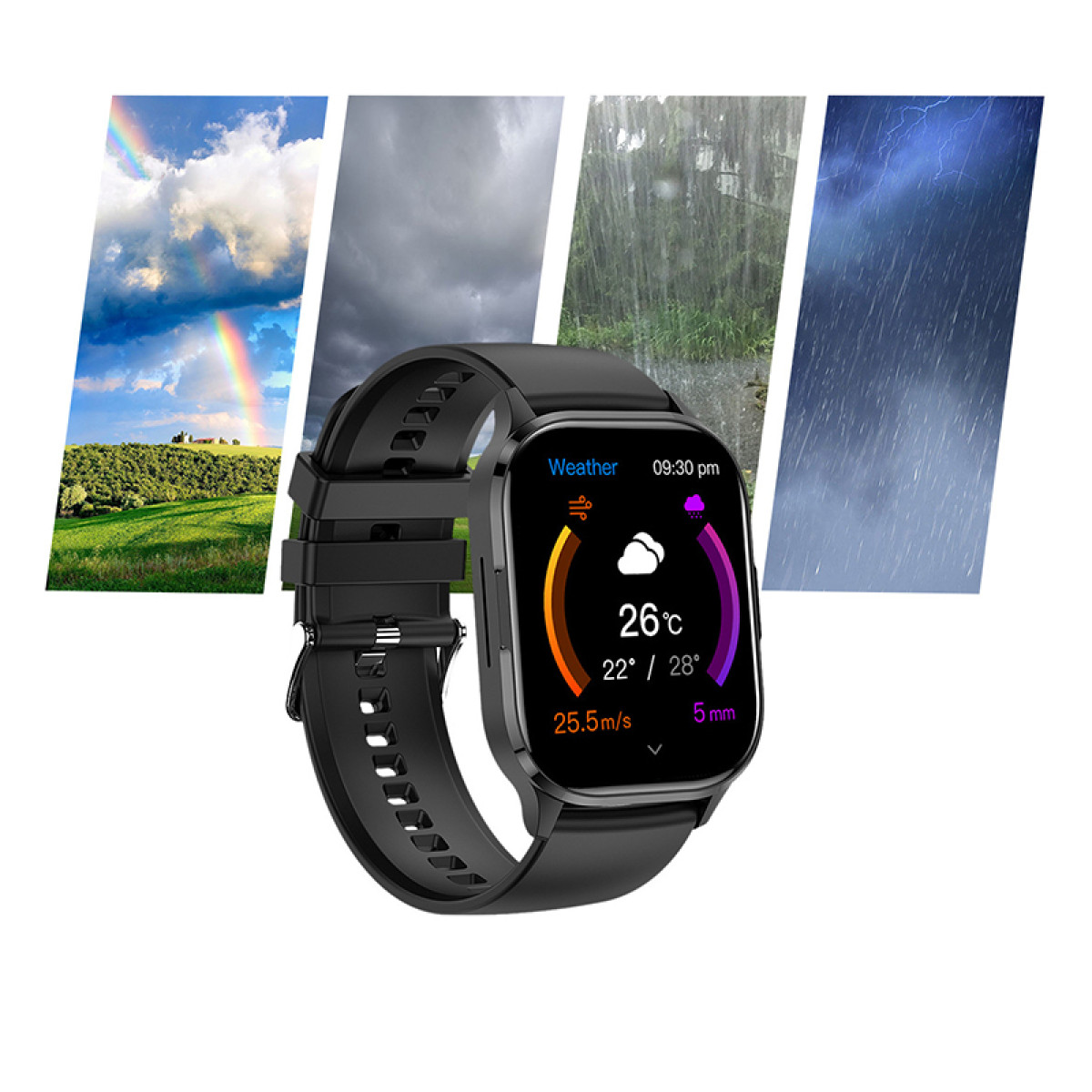 A black smartwatch with weather information. Background displays different weather conditions.
