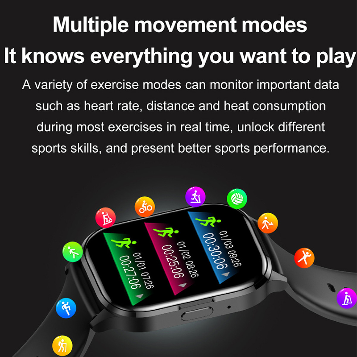 Smartwatch with exercise data on screen.  Various exercise icons are displayed.