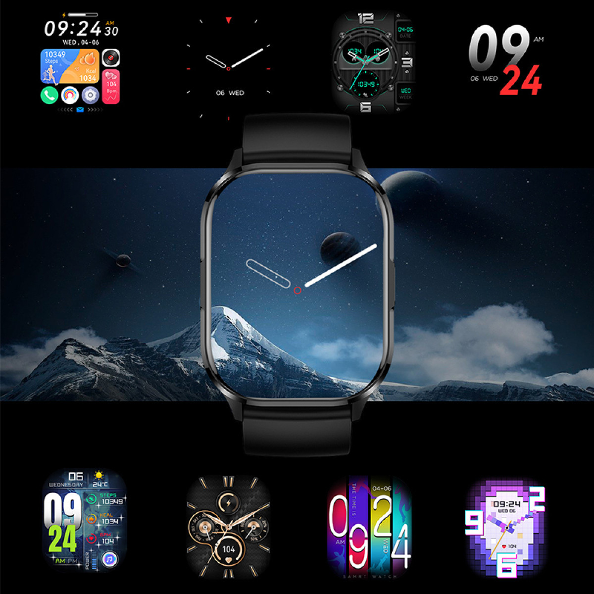 Smartwatch with various watch faces and a black band. Background features a mountain and space.