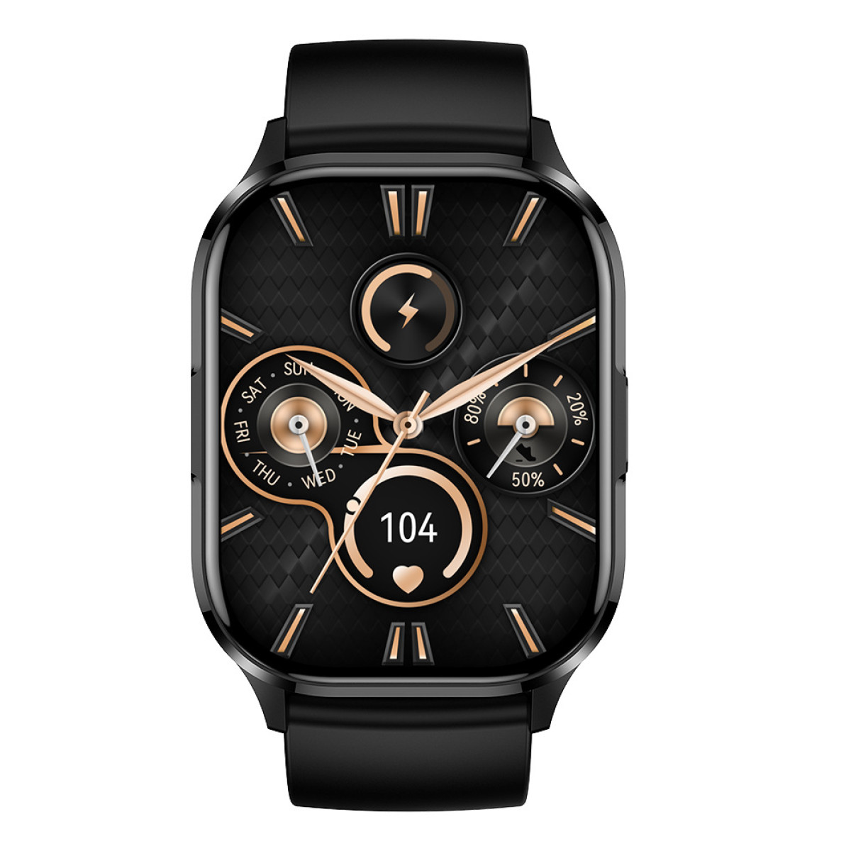 Black smartwatch with a gold dial and a black strap.