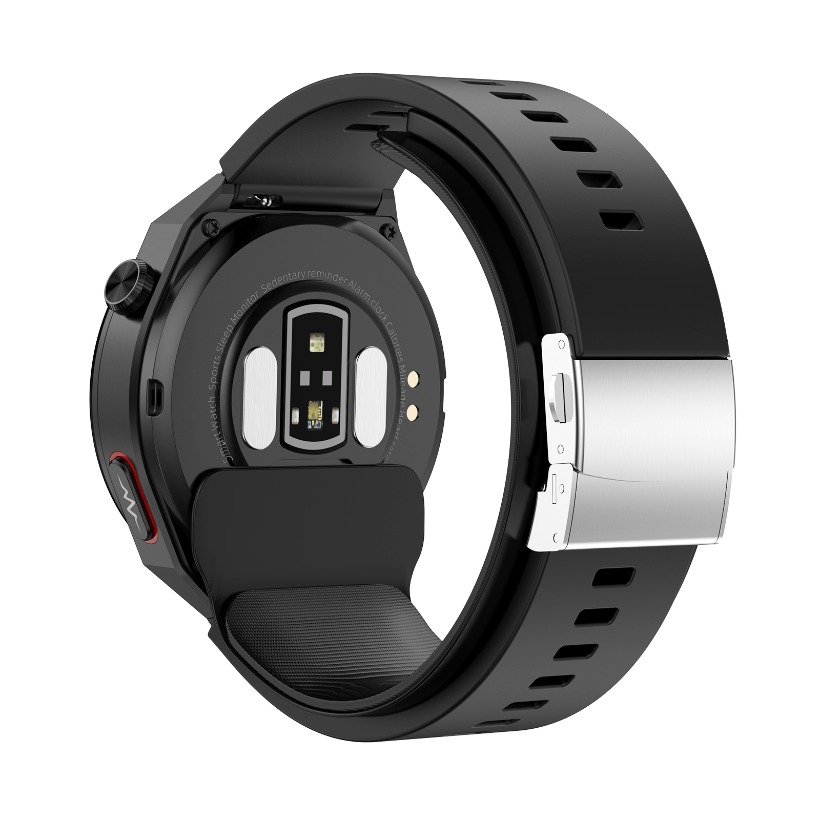 Smartwatch nero. Primo piano del retro, sensori visibili. Cinturino nero.