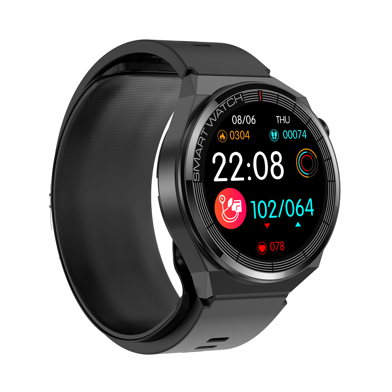 Smartwatch nero con quadrante rotondo. Visualizza l'ora e le metriche di salute.