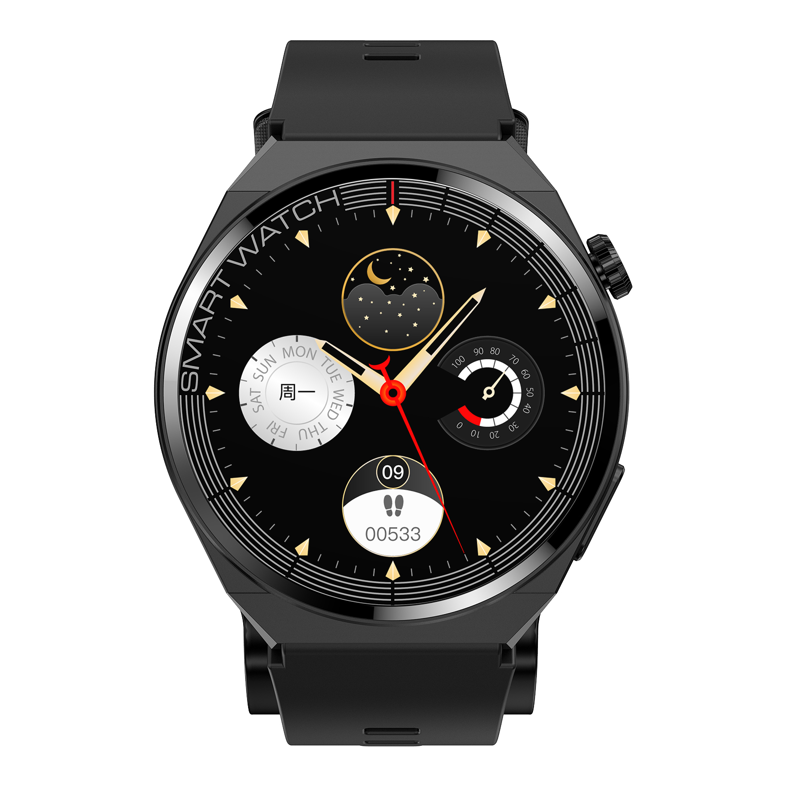 Uno smartwatch nero con display rotondo e cinturino in silicone nero.