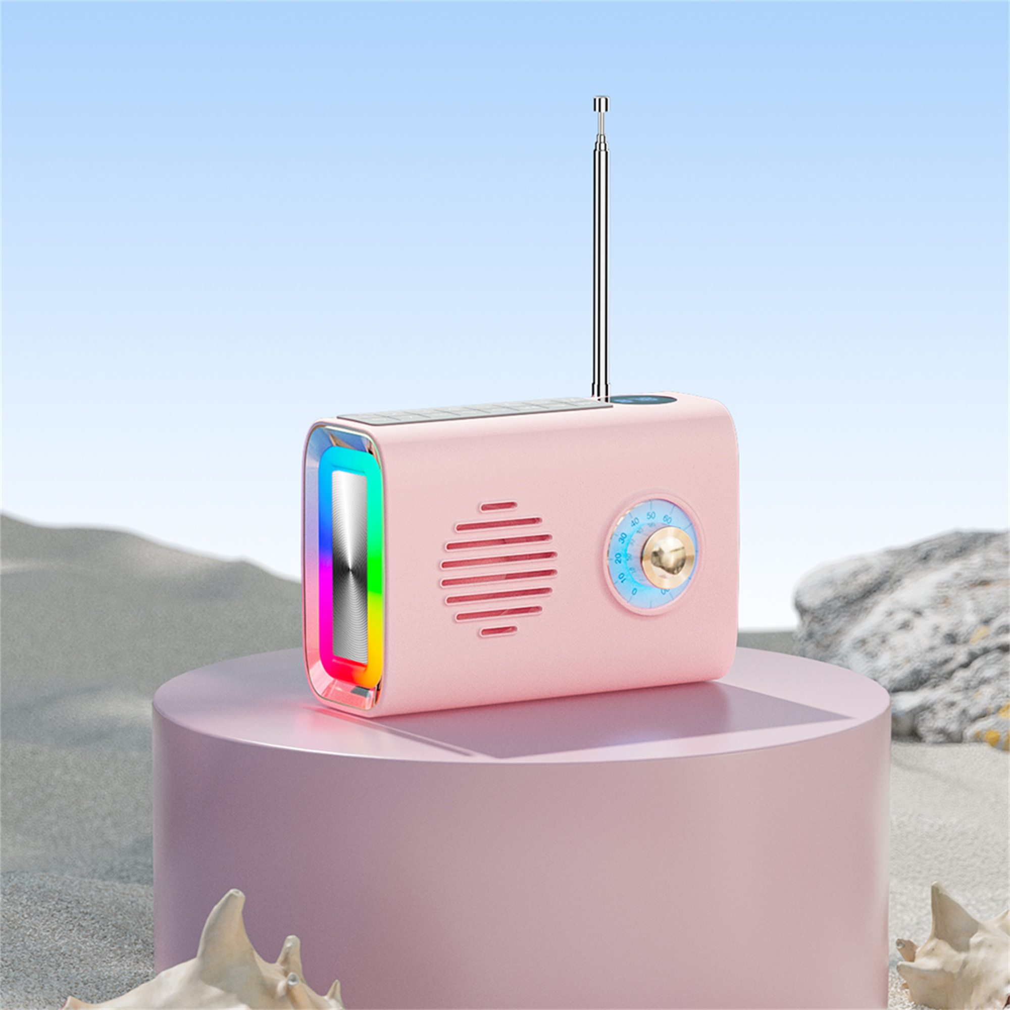 Rosa Retro-Radio auf einem rosa Podest, mit Regenbogen-LED-Licht und Antenne.