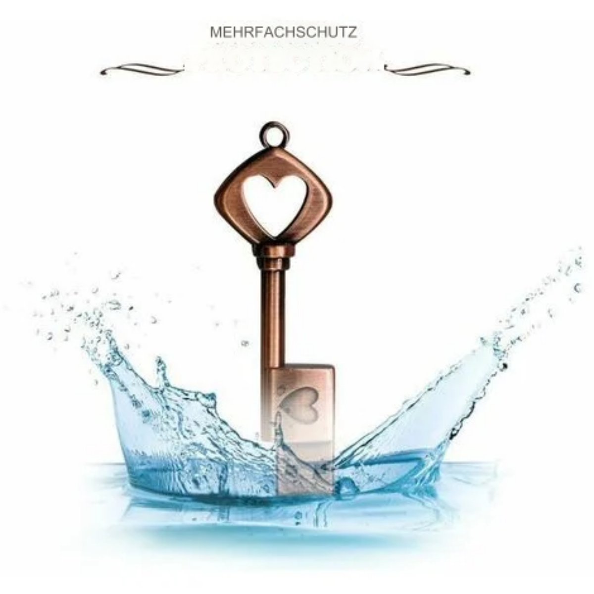 Bronzeschlüssel mit Herz-Ausschnitt, im Wasserspritzer, mit Text Mehrfachschutz oben.