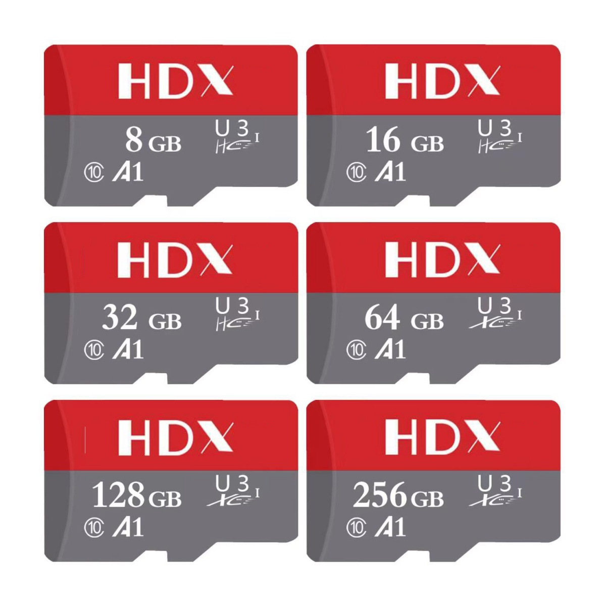 Mehrere rote, graue und weiße microSD-Karten mit unterschiedlichen Speicherkapazitäten. Die Karten haben das HDX-Logo.