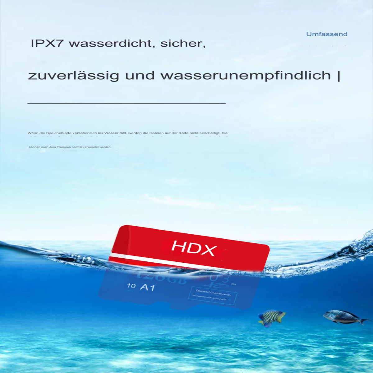 Eine rote HDX-Speicherkarte teilweise im Wasser, mit Text und zwei kleinen Fischen sichtbar.