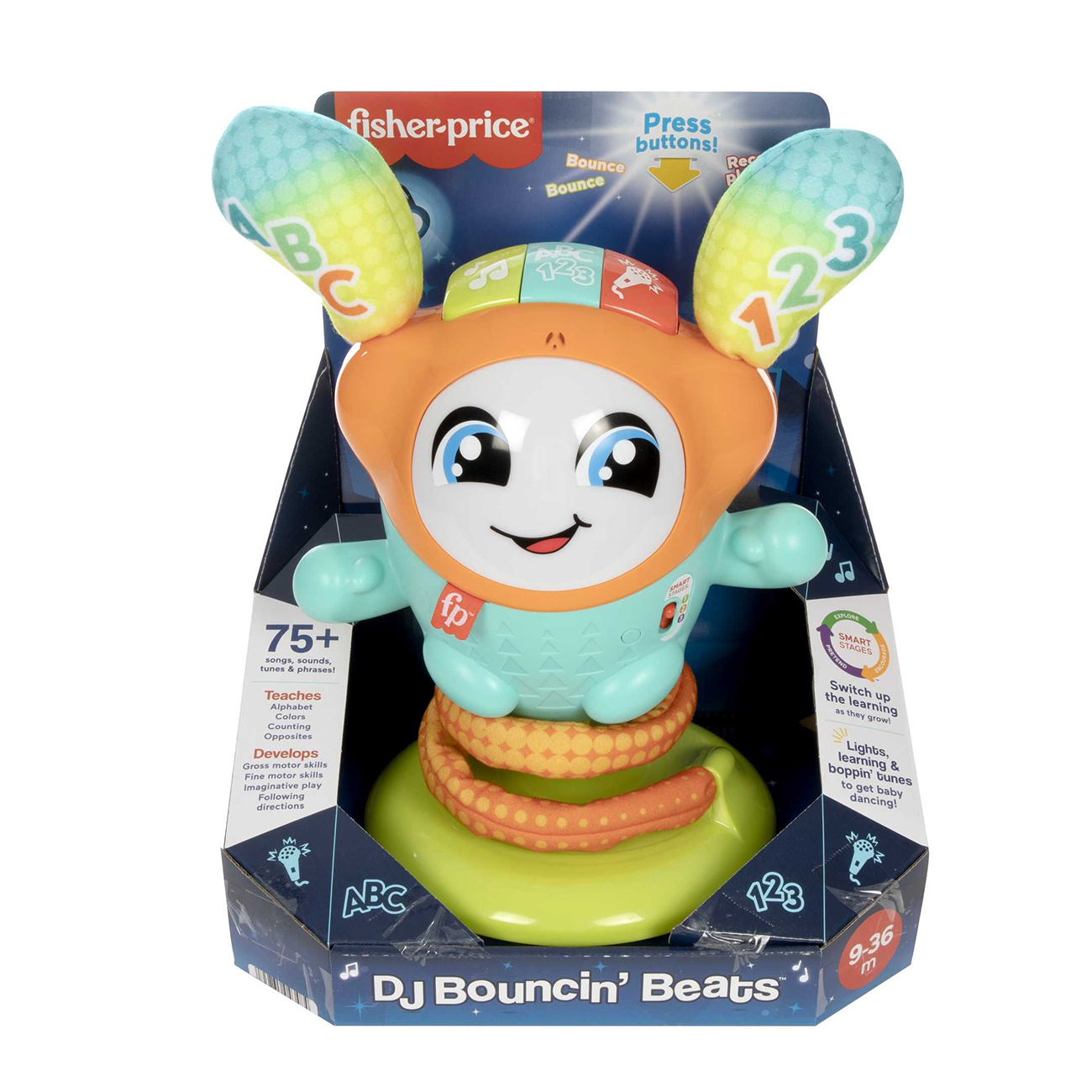 Verpacktes Fisher-Price DJ Bouncin' Beats Spielzeug. Es ist bunt, mit Lichtern und Geräuschen und interaktiv.