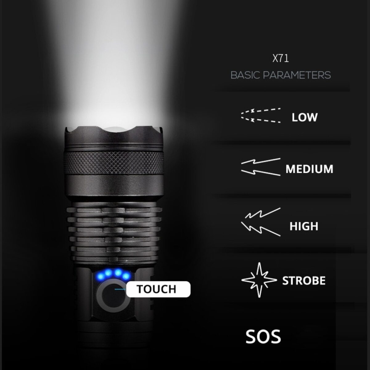 Schwarze Taschenlampe mit verschiedenen Lichtmodi und Touch-Taste, mit blauen Lichtern.