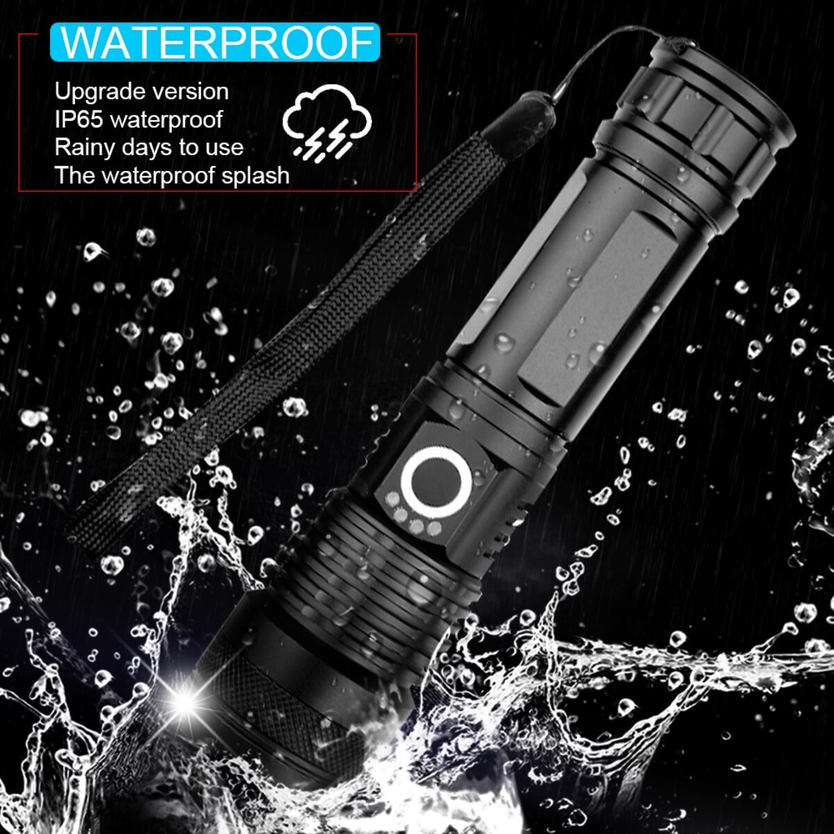 Eine schwarze wasserdichte Taschenlampe mit Wassertröpfchen.