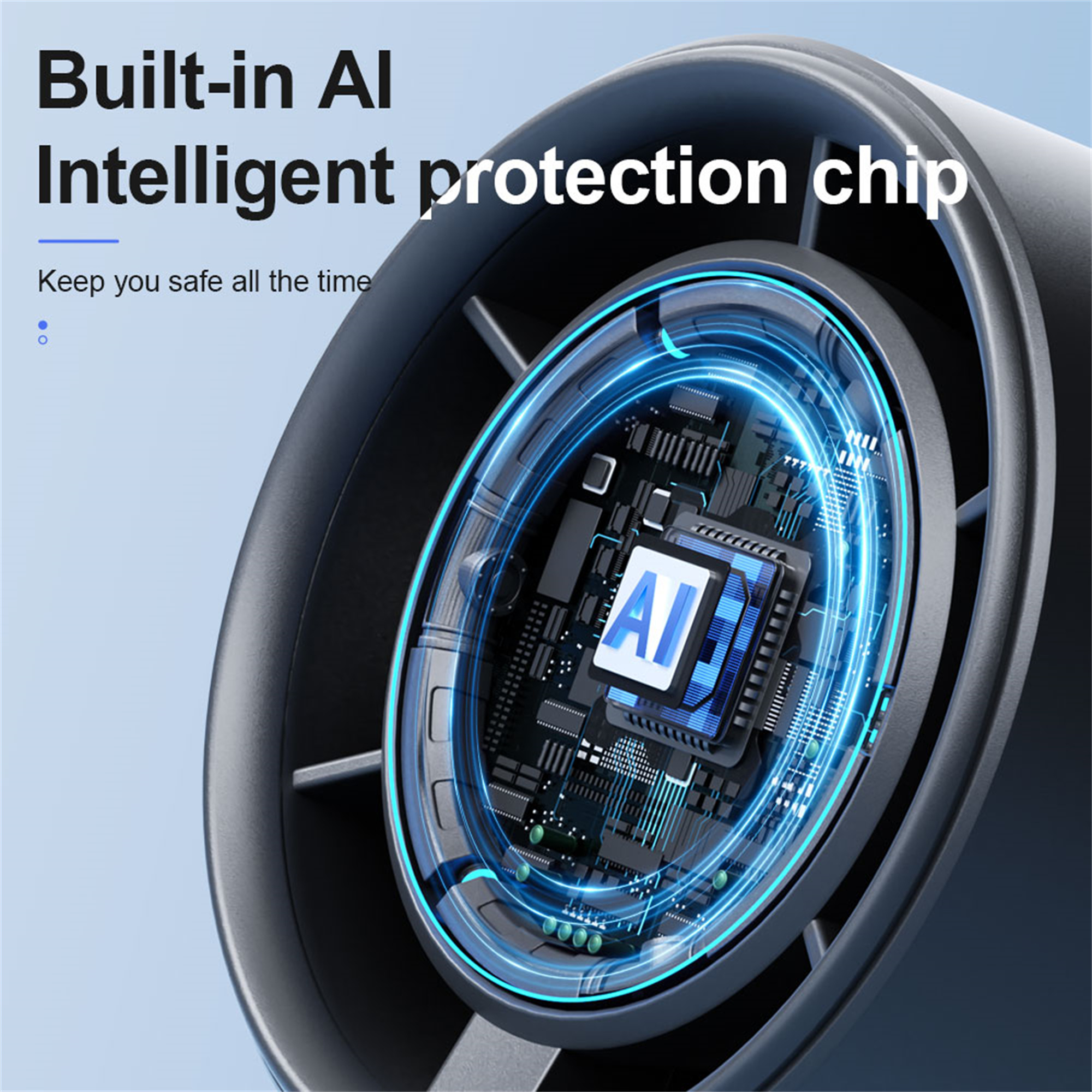 Nahaufnahme eines technischen Geräts mit einem KI-Chip, umgeben von blauem Licht.