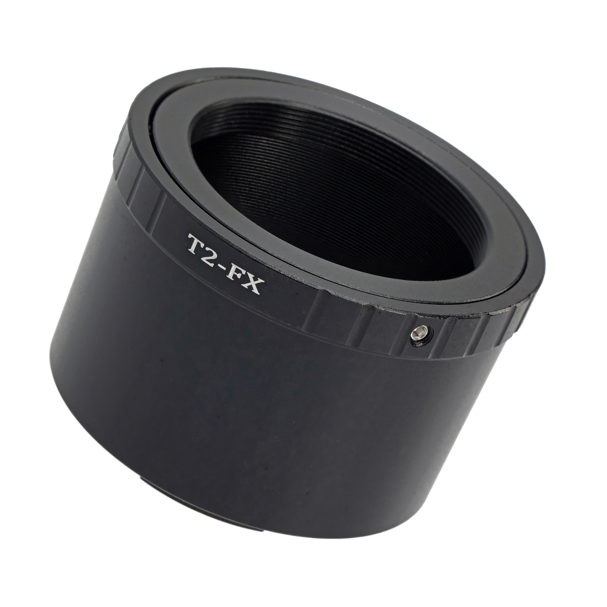 Ein schwarzer T2-FX Objektivadapterring mit Innengewinde, isoliert auf weißem Hintergrund.