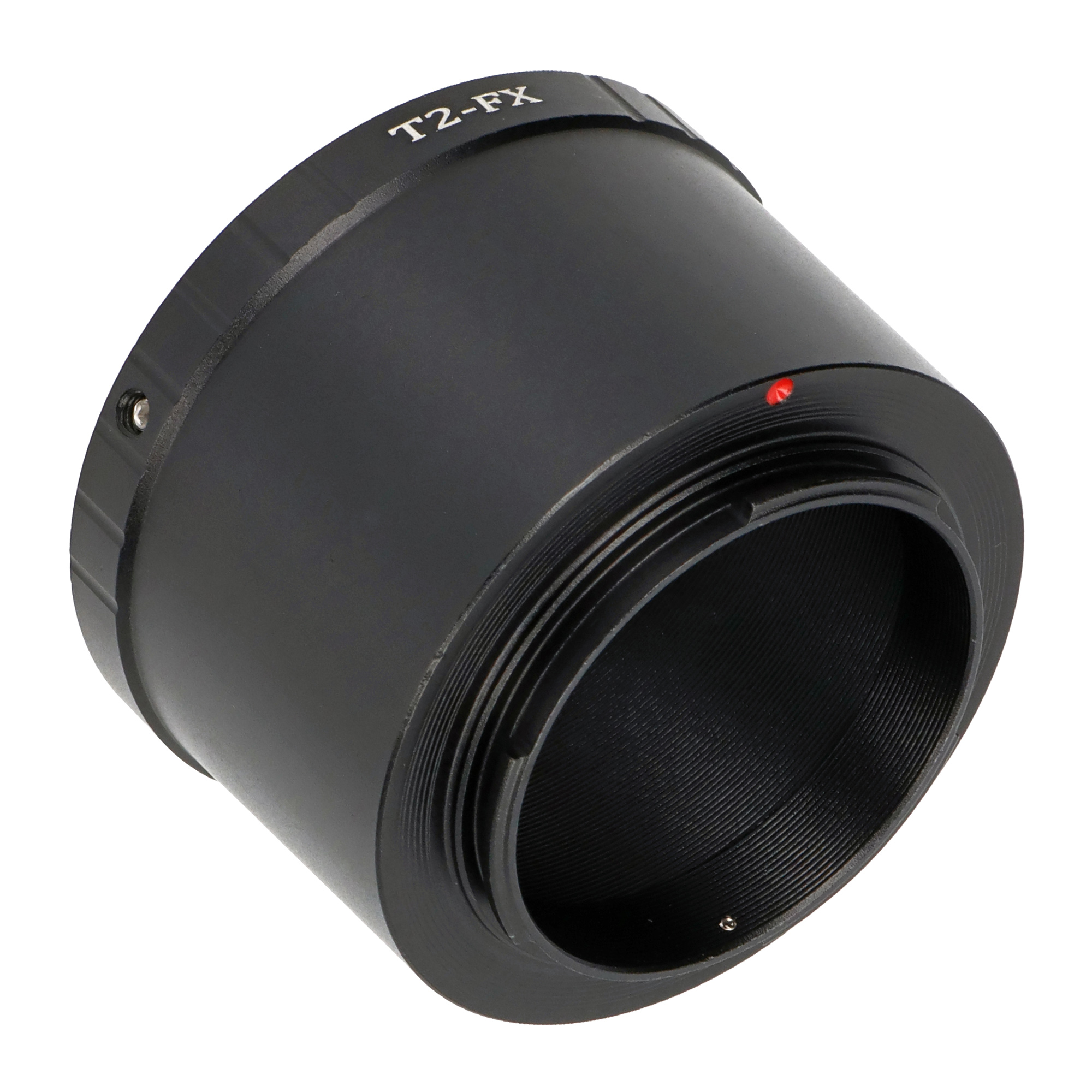 Schwarzer T2-FX-Adapter, mit Gewinde an einem Ende und einem roten Punkt. Isoliert auf Weiß.