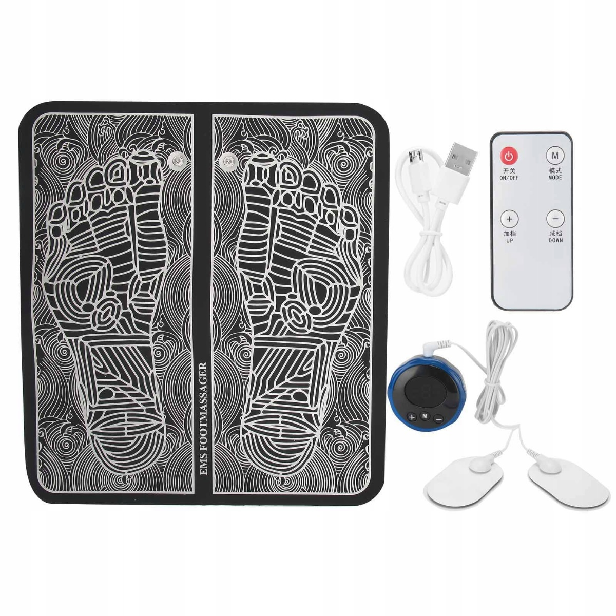 EMS-Fußmassagegerät mit Bedienfeld, Fernbedienung, Pads und USB-Kabel, auf weißem Hintergrund.