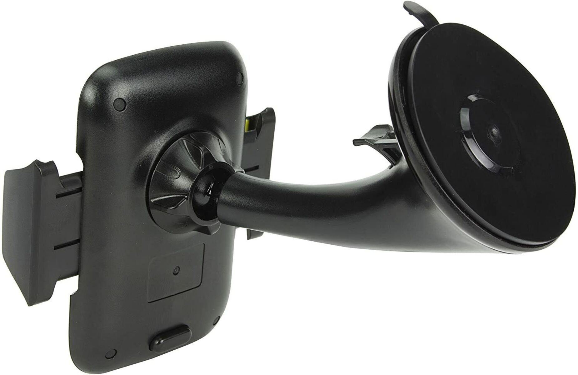 Ein schwarzer Autotelefonhalter mit Saugnapf an einem gebogenen Arm. Der Hintergrund ist weiß.