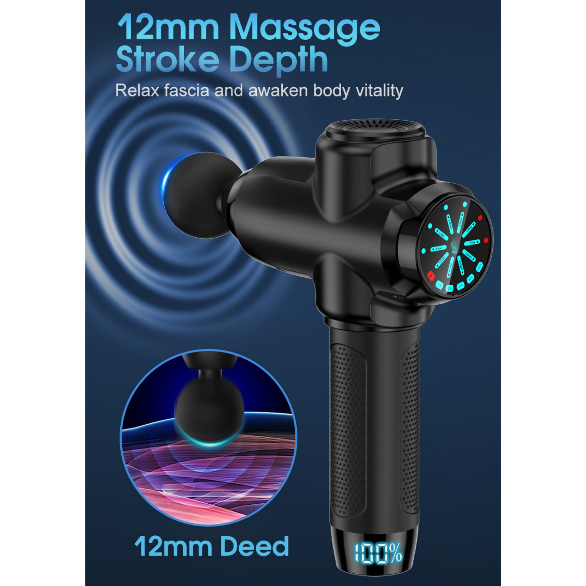 Schwarze Massagepistole mit Text über Hubtiefe, mit blauem und schwarzem Hintergrund.