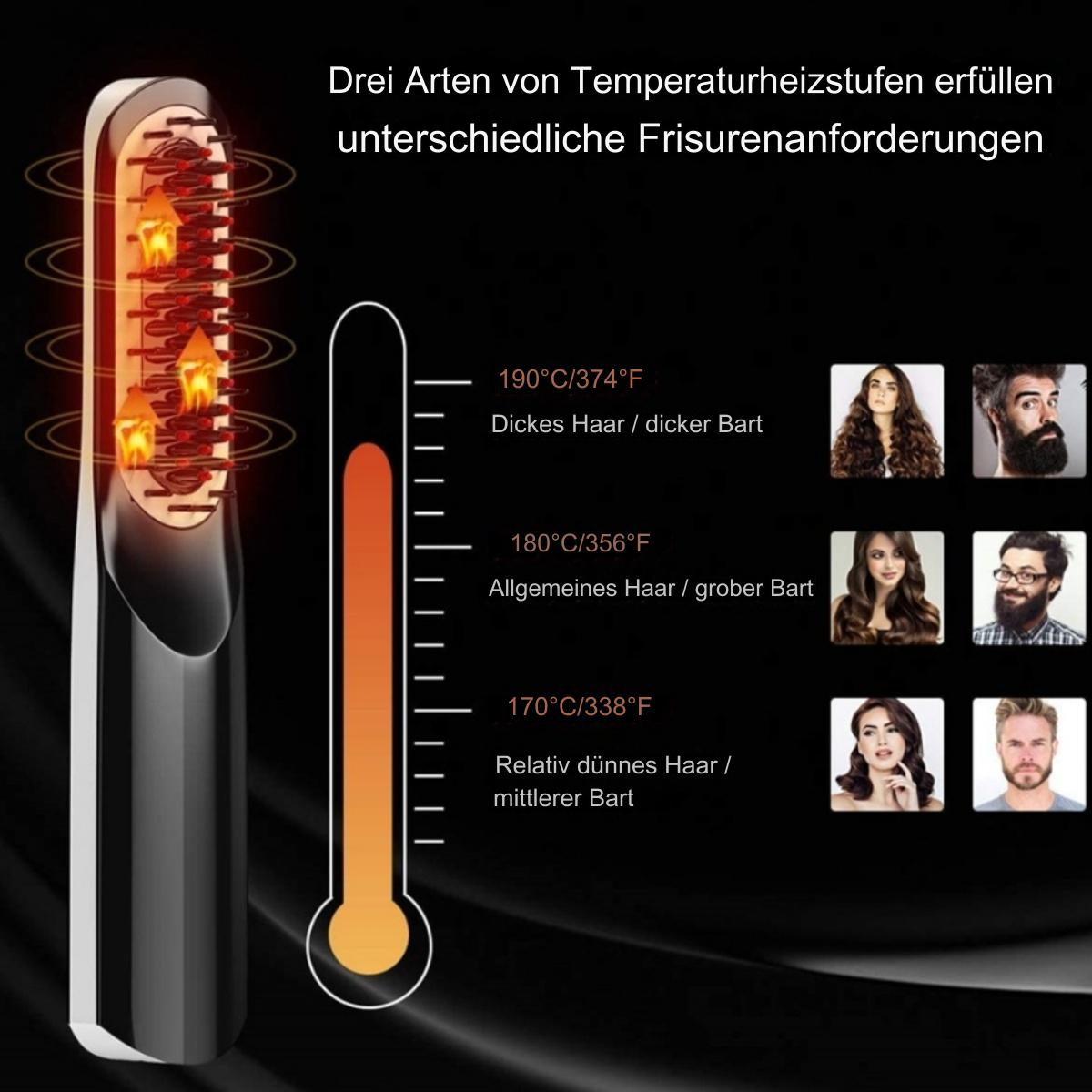 Haarglättungsbürste mit Temperatureinstellungen. Drei Haartypen mit angezeigten Temperaturbereichen.