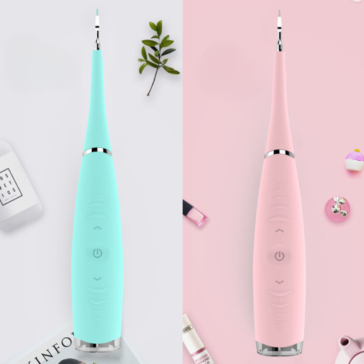 Zwei elektrische Zahnsteinentferner, einer mintgrün und einer rosa, mit rosa Hintergrund.