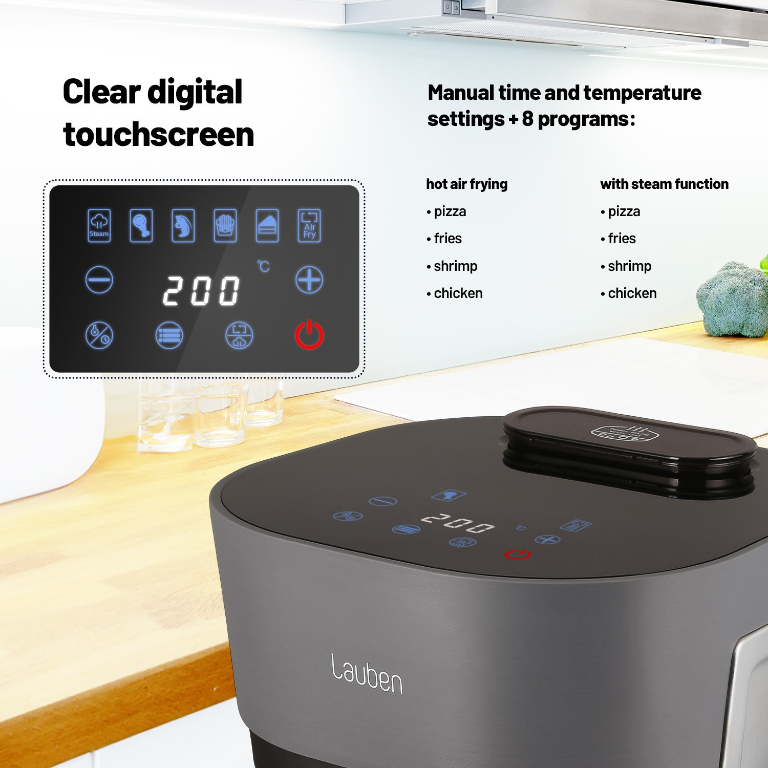 Una friggitrice ad aria con touchscreen digitale. Visualizza impostazioni come temperatura e tempo, insieme a programmi.