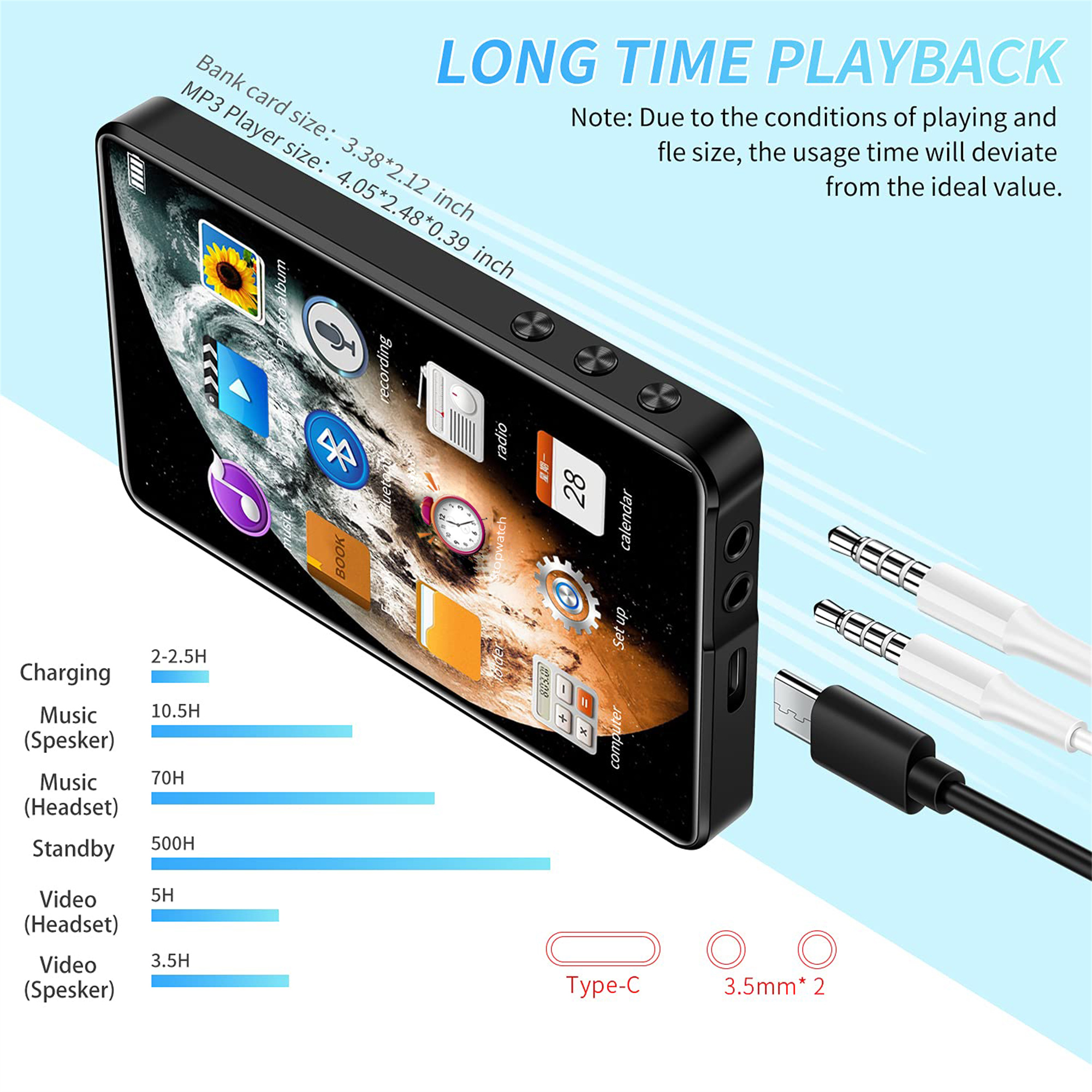 Ein schwarzer MP3-Player mit Bildschirm und zwei Audioanschlüssen.