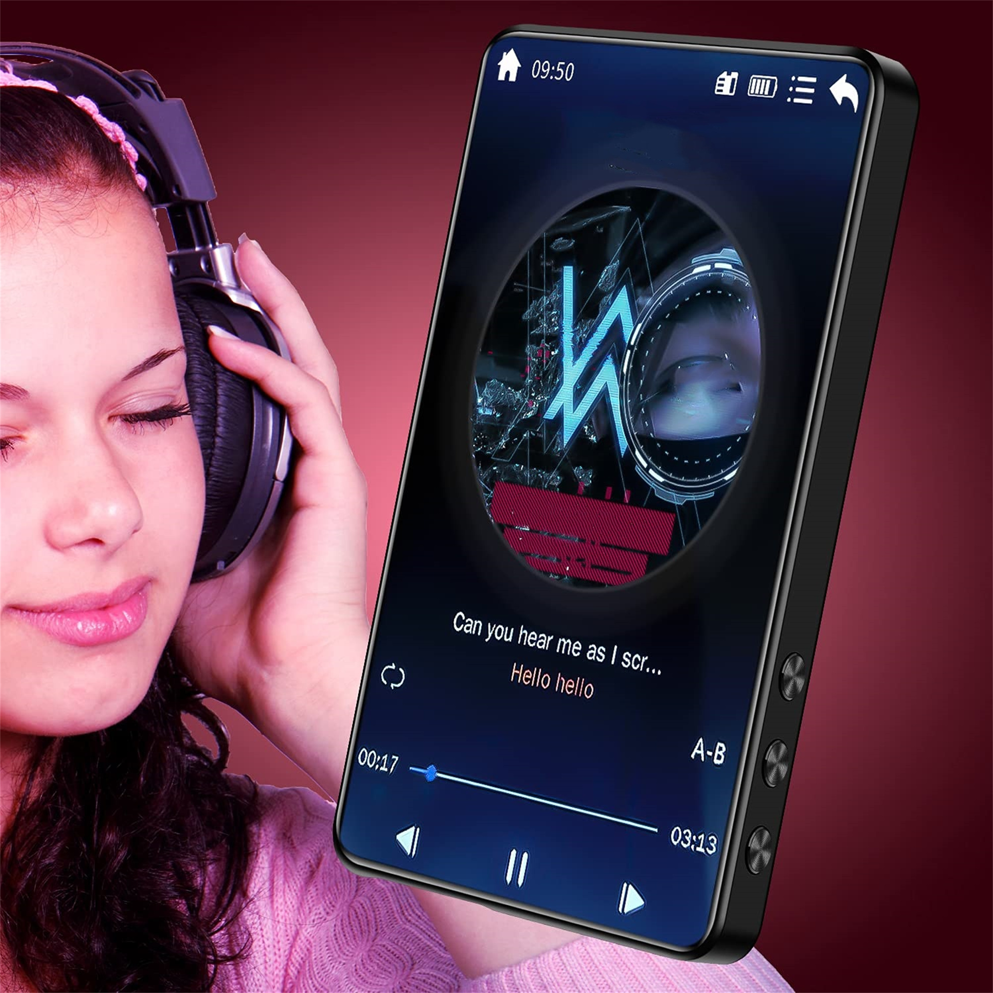 Frau mit Kopfhörern, hält einen schwarzen MP3-Player. Der Bildschirm zeigt Musikinformationen.