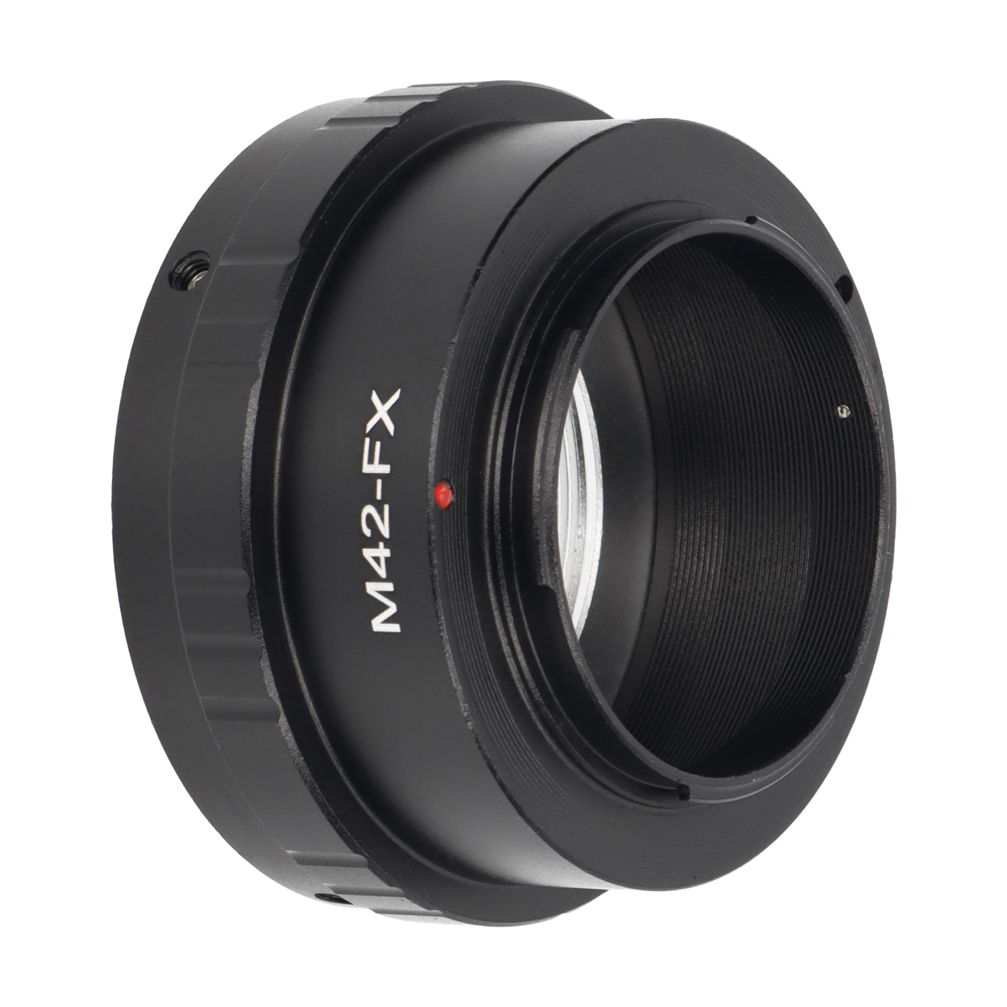 Schwarzer Objektivadapter mit der Aufschrift "M42-FX". Er hat einen roten Punkt.