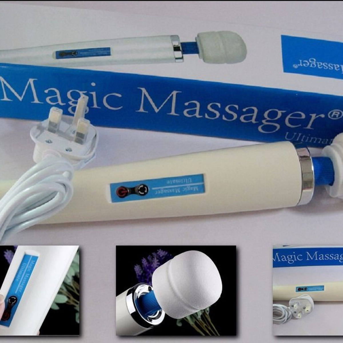 Ein weißer Magic Massager mit blauem Band ist im Bild zu sehen. Es befindet sich in einer Box mit mehreren Bildern.